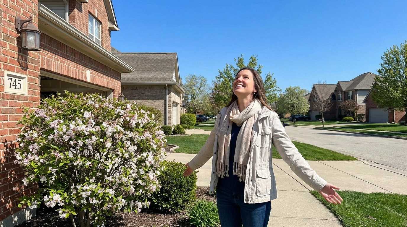 Same woman outdoors near her home, breathing easily, looking relieved and comfortable in fresh air