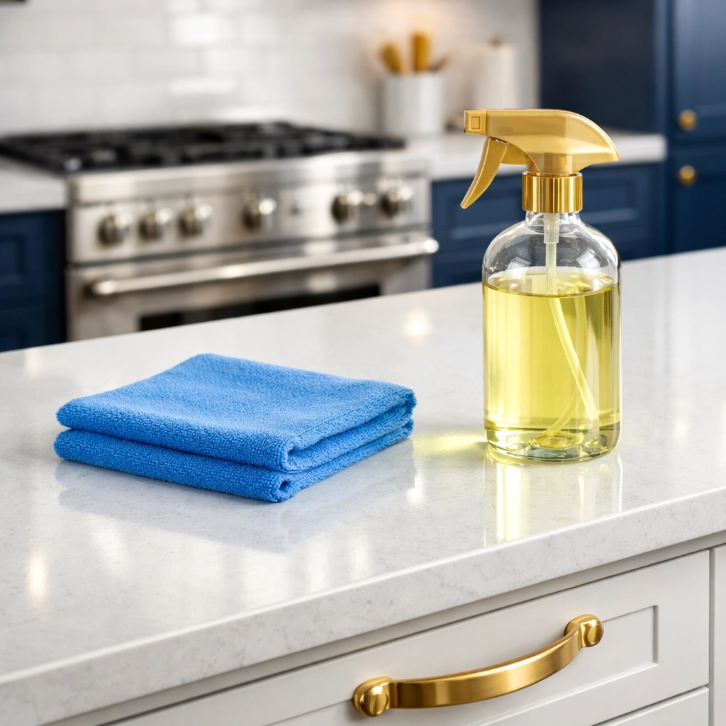 Professional move-out cleaning service results on a polished white quartz kitchen countertop in Boston.