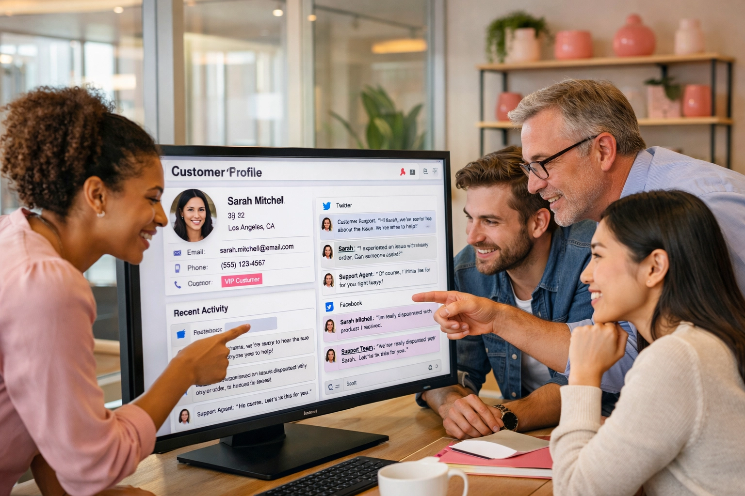 Team collaborating on customer profiles with integrated social media conversations