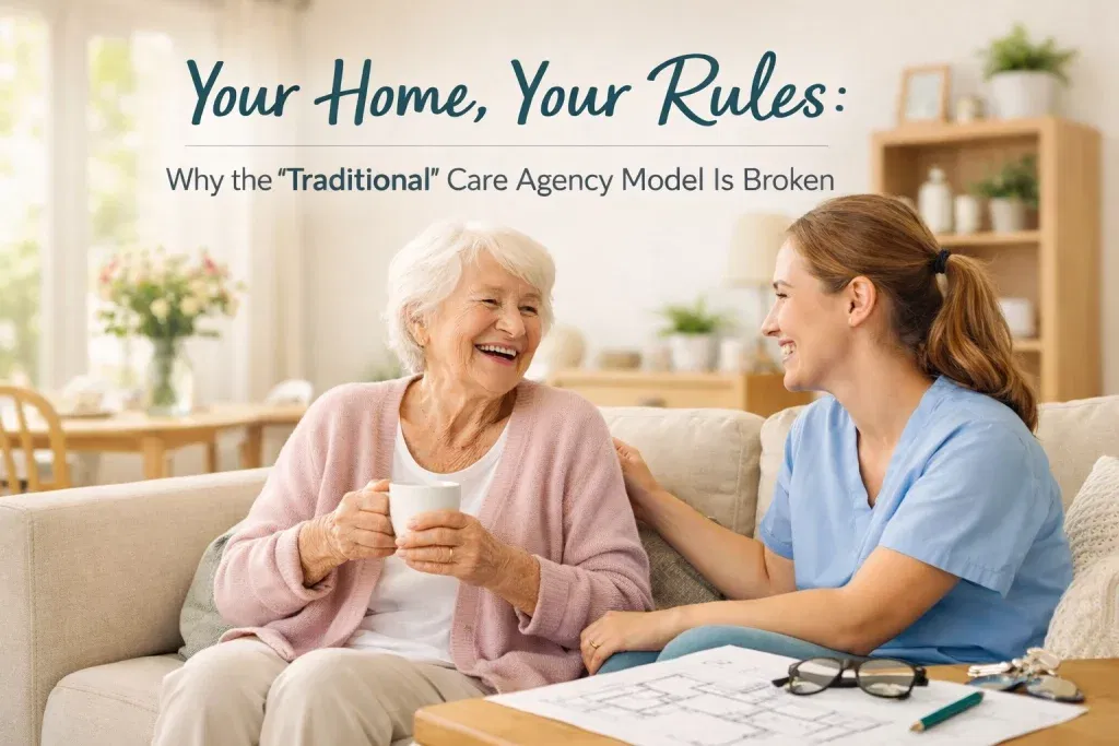 Smiling elderly woman and compassionate caregiver sitting together on a sofa, highlighting the importance of choice and control.