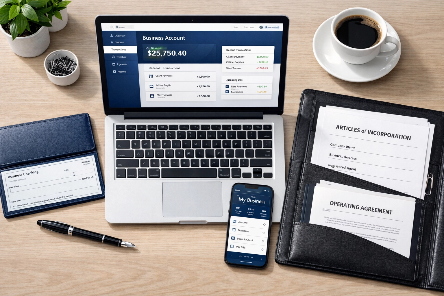 Business banking setup with laptop, documents, and checkbook for startup financial foundation