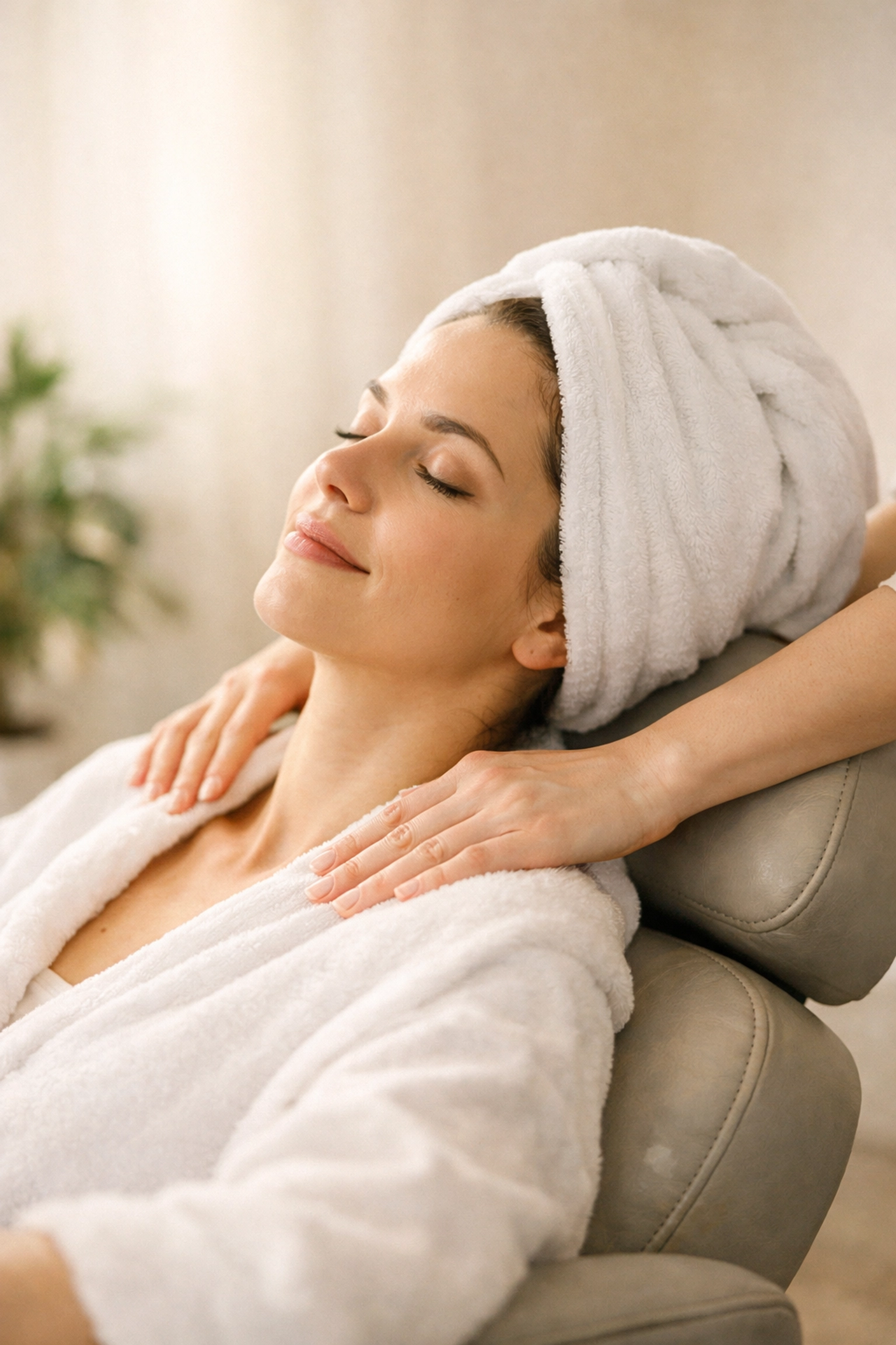 Client receiving relaxing head spa and shoulder massage at modern salon