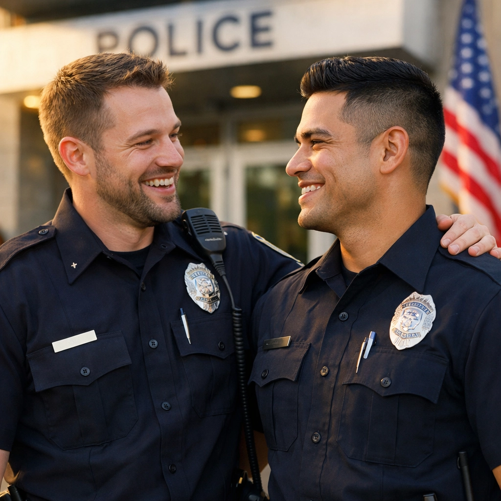Two gay officers in supportive moment at accepting police department