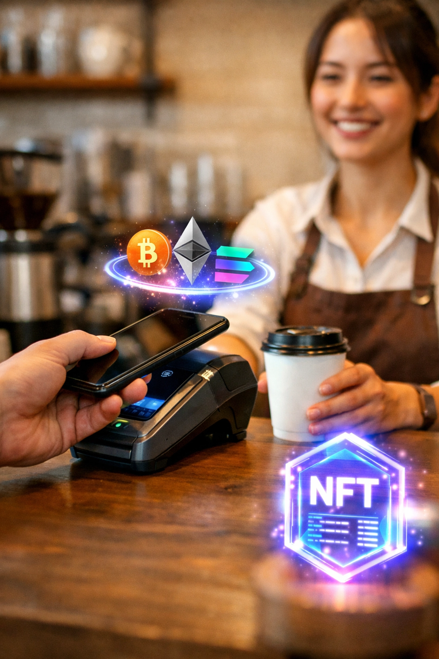 Customer making crypto payment at coffee shop POS terminal generating NFT receipt for accounting