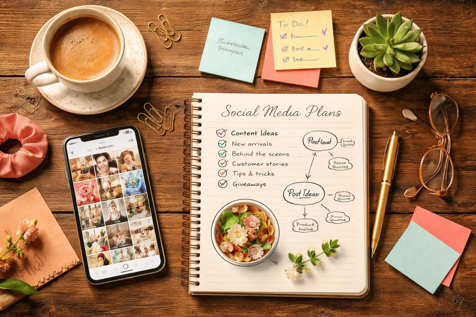 Flat-lay of a Summerville small business owner's desk with a phone showing an Instagram feed and content planning tools