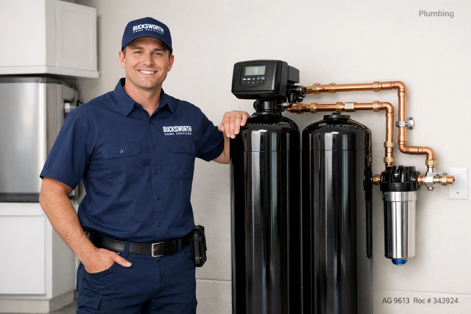 Bucksworth technician with a dual-tank whole-home water filtration and softener system in Gilbert, Arizona.