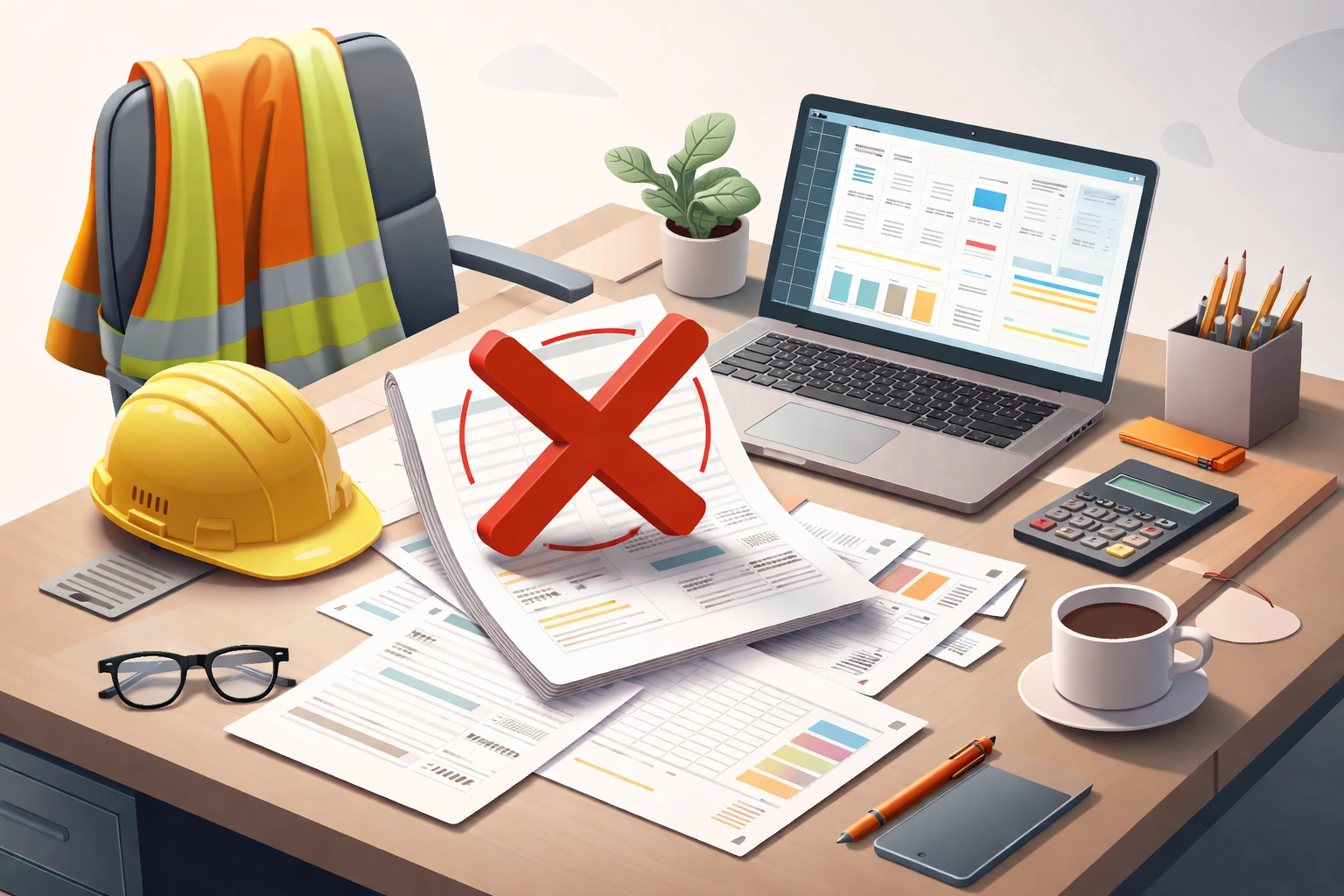 Office desk with rejected CIS invoices, hard hat, and construction industry paperwork