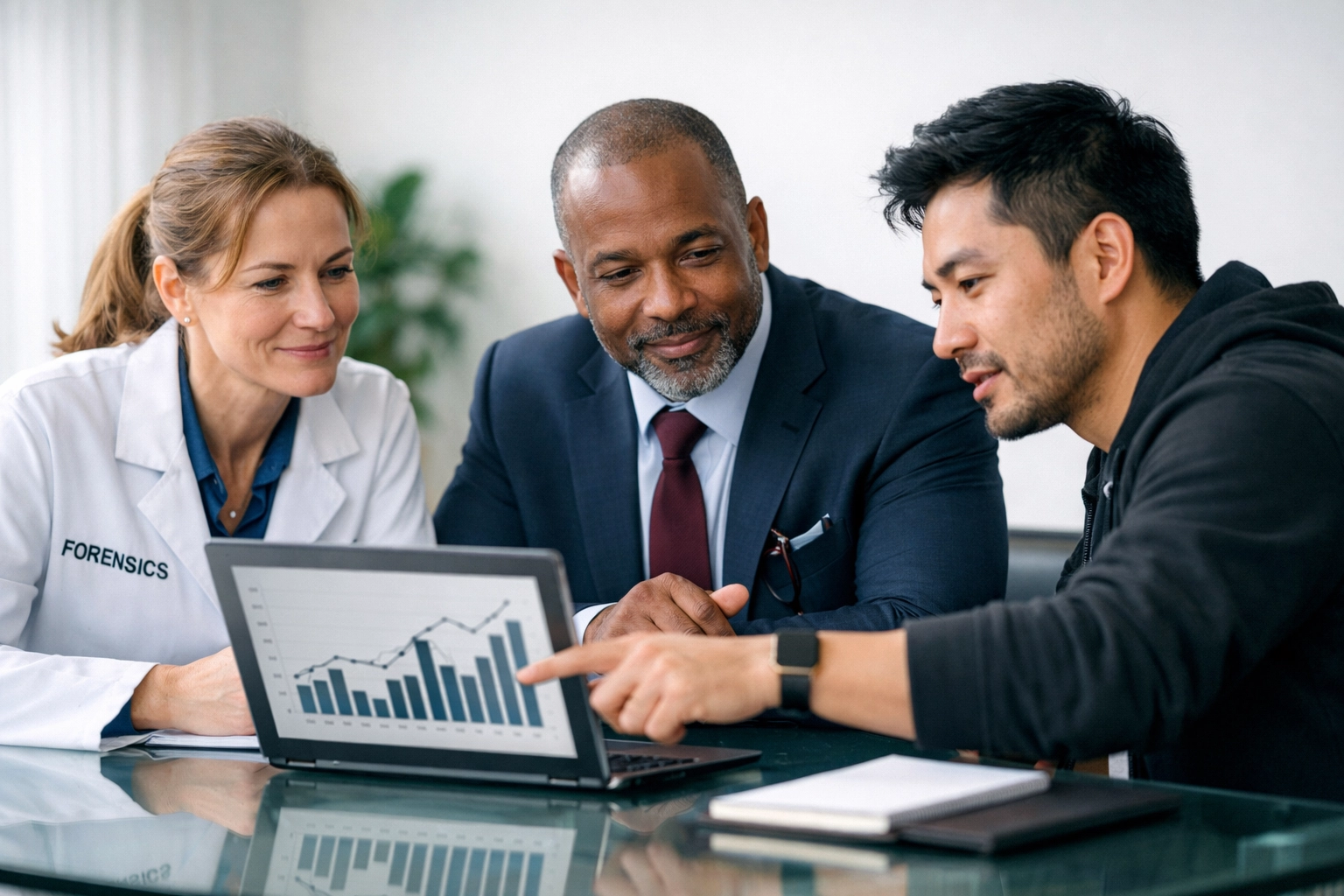 A team of forensic and legal experts collaborating on a workplace fraud investigation and data analysis.