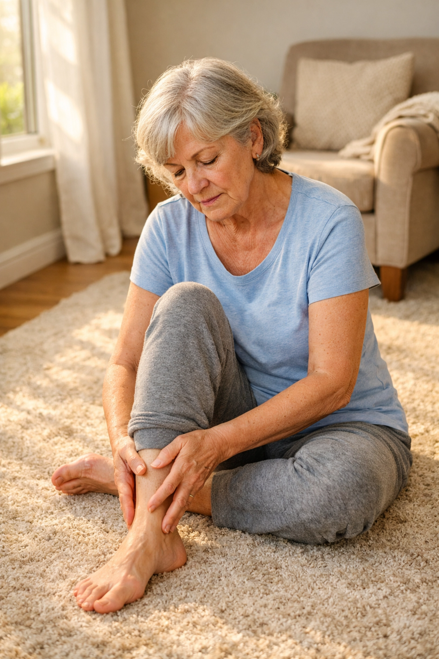 Senior woman sitting on floor calmly assessing herself for injuries after a fall