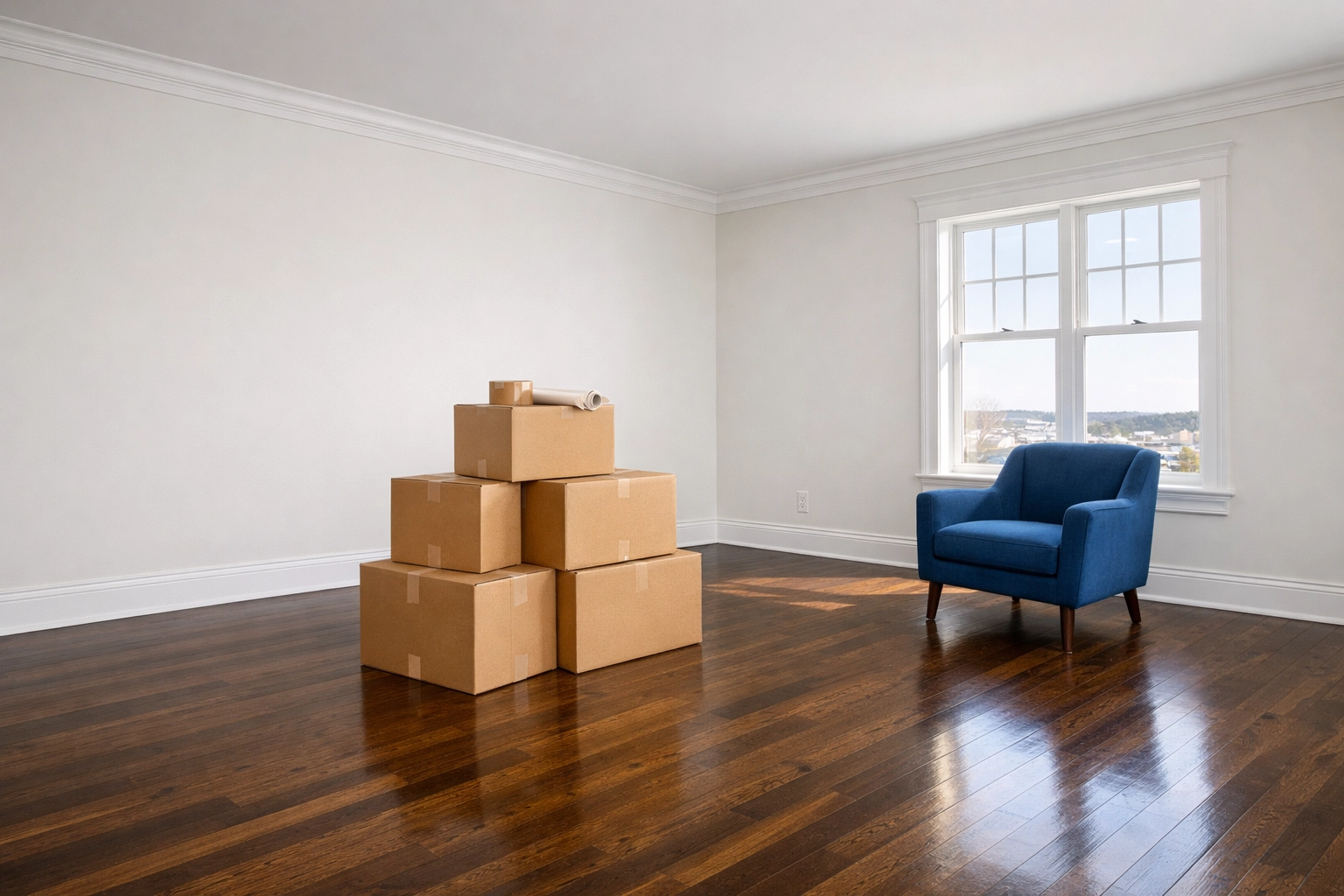 Empty Lunenburg living room with stacked boxes showing accessible baseboards for move-in cleaning.