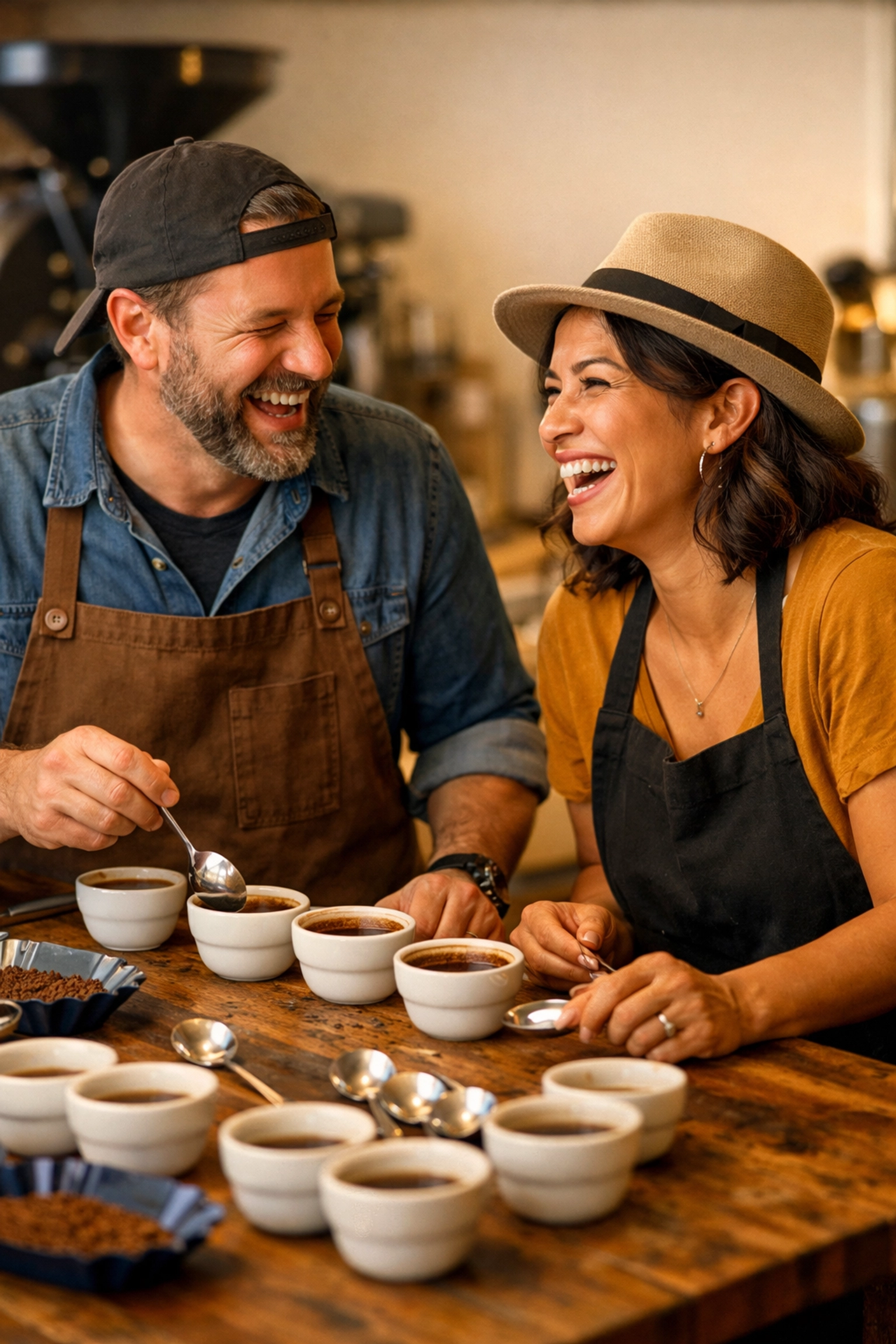 A coffee roaster and cafe owner collaborating during a coffee cupping session at a roastery.