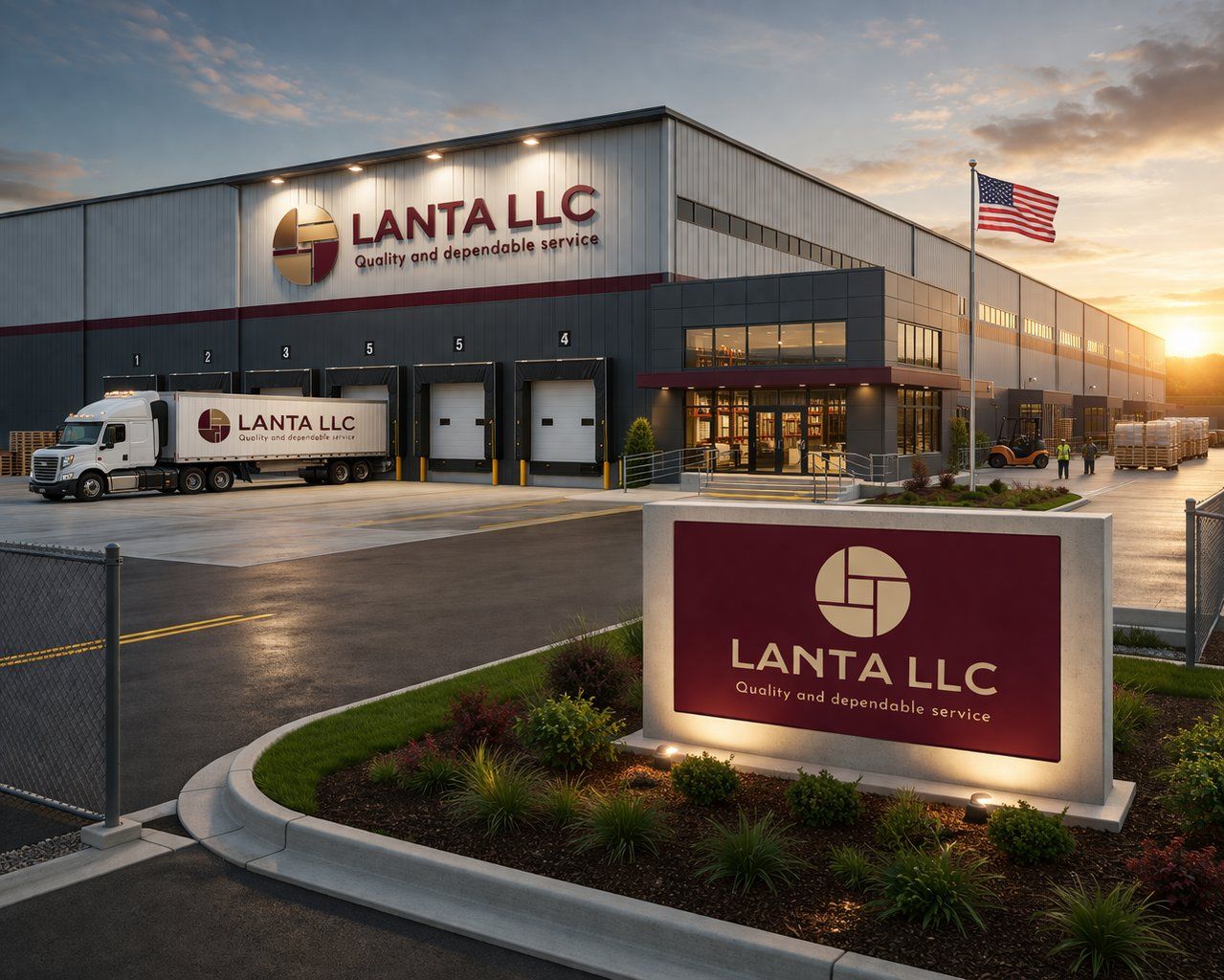 Lanta LLC Warehouse Exterior Modern industrial warehouse branded with Lanta LLC logo and slogan