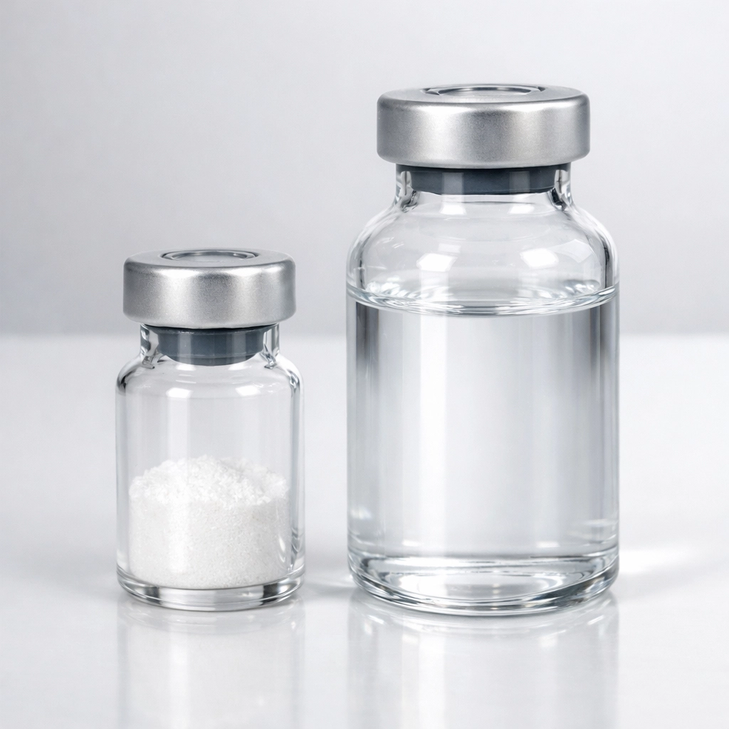 A glass vial of lyophilized research peptide powder next to a bottle of bacteriostatic water in a clinical lab.