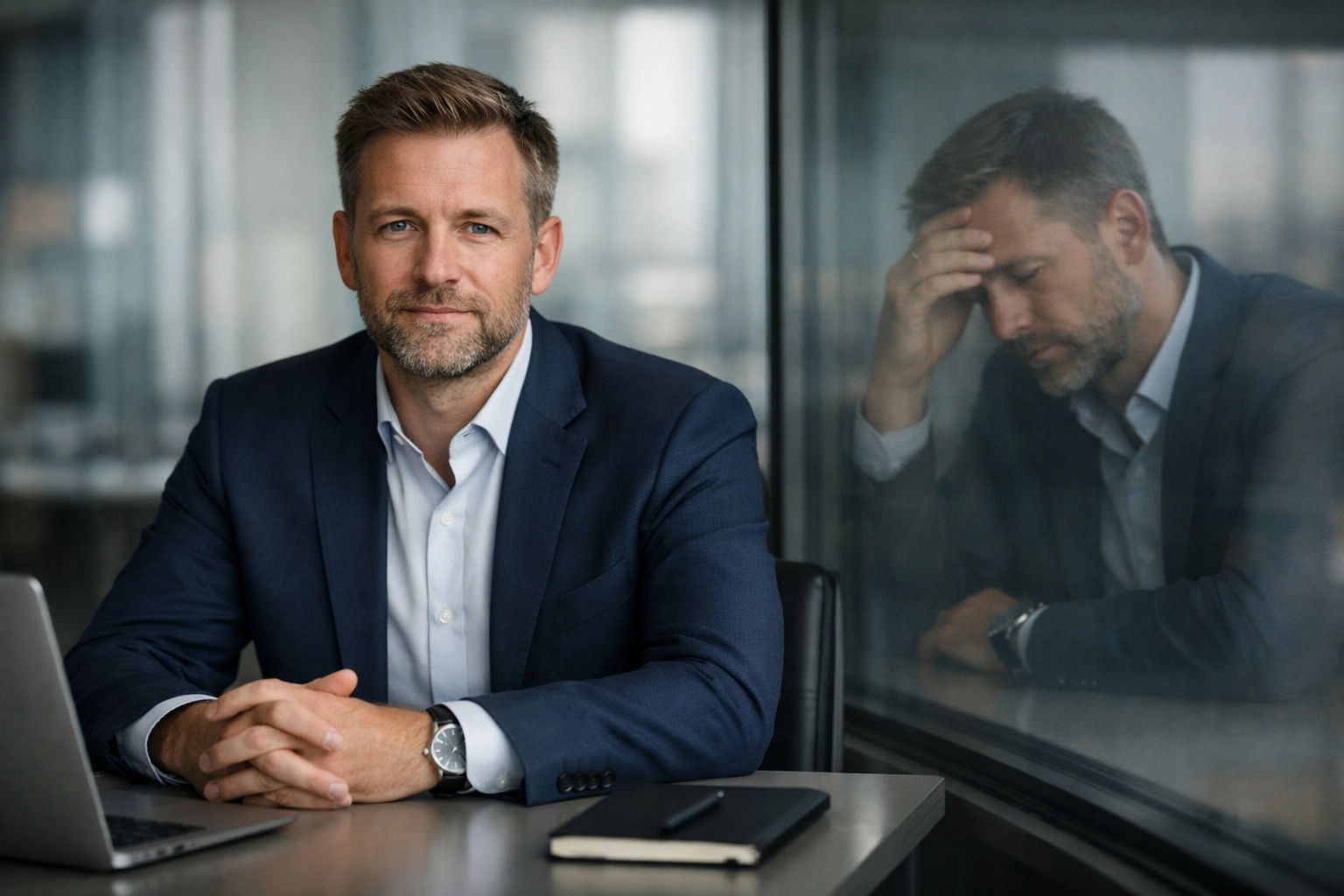 Professional employee at a desk showing hidden signs of burnout and quiet cracking in an office.