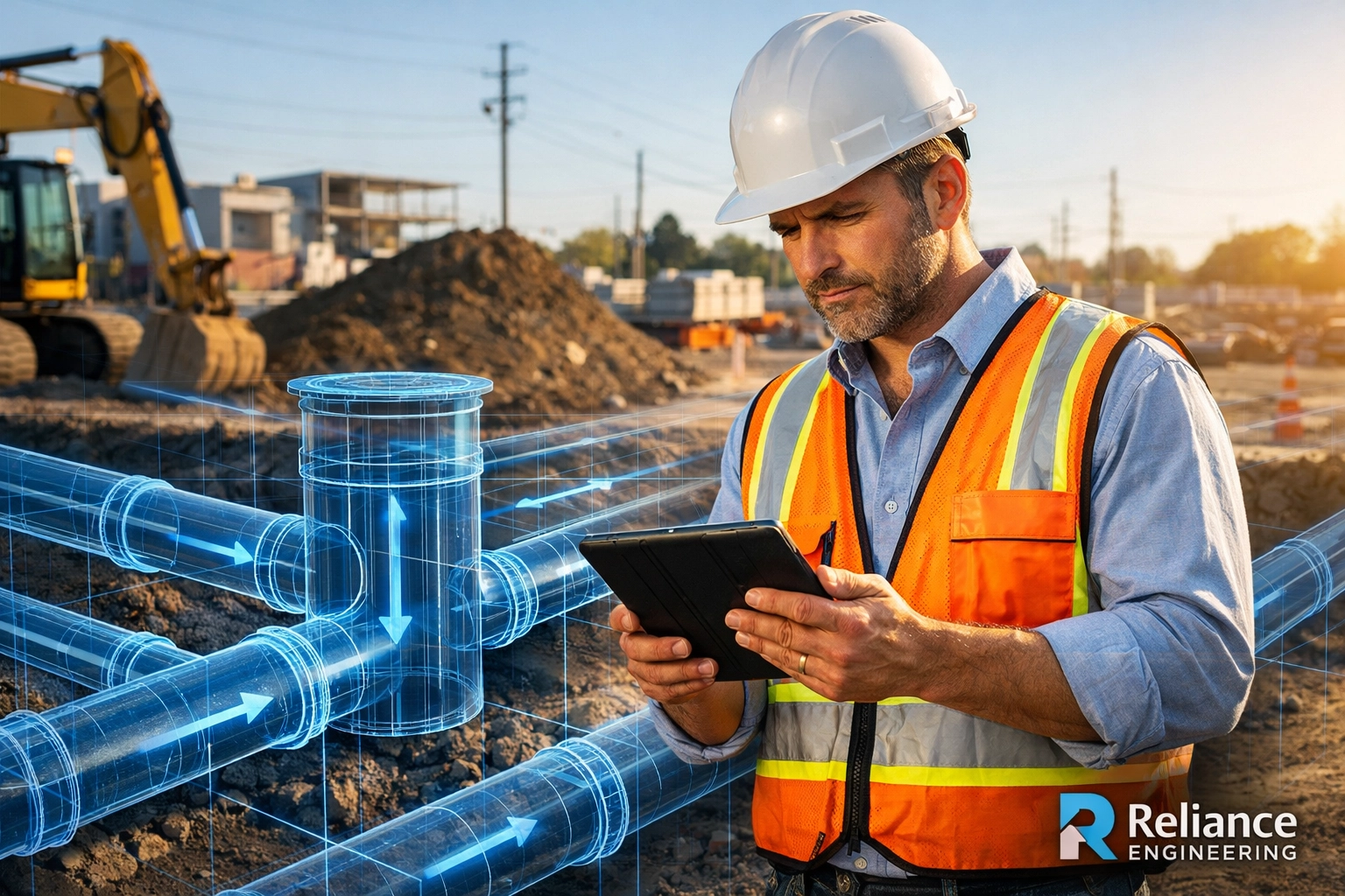 Civil engineer reviewing stormwater management plans at an Ontario site to ensure SWM report compliance.