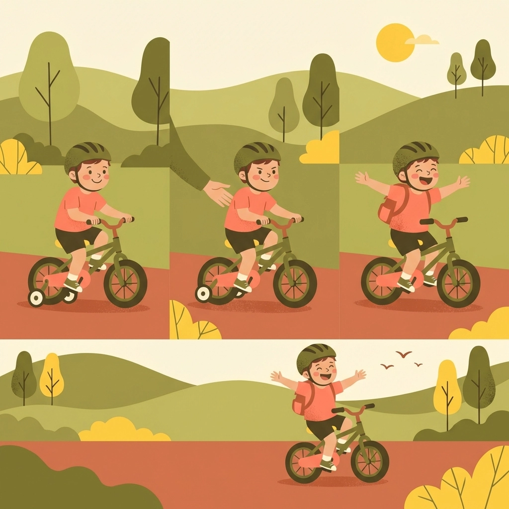 Child learning to ride a bike in stages, visualizing gradual reinforcement and progression in positive behavior strategies.