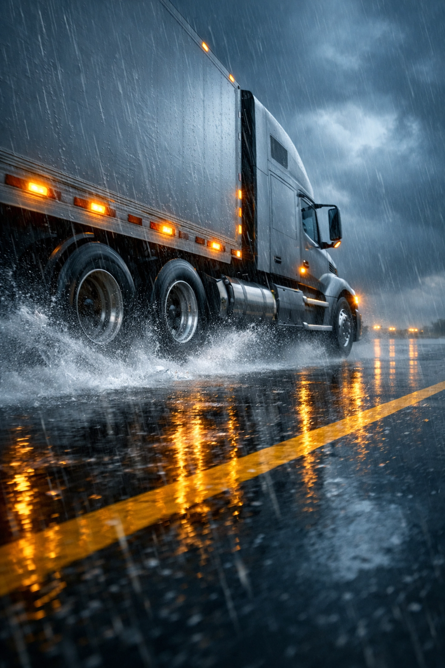 Commercial truck driving through heavy rain, demonstrating fleet safety camera monitoring in wet weather conditions.