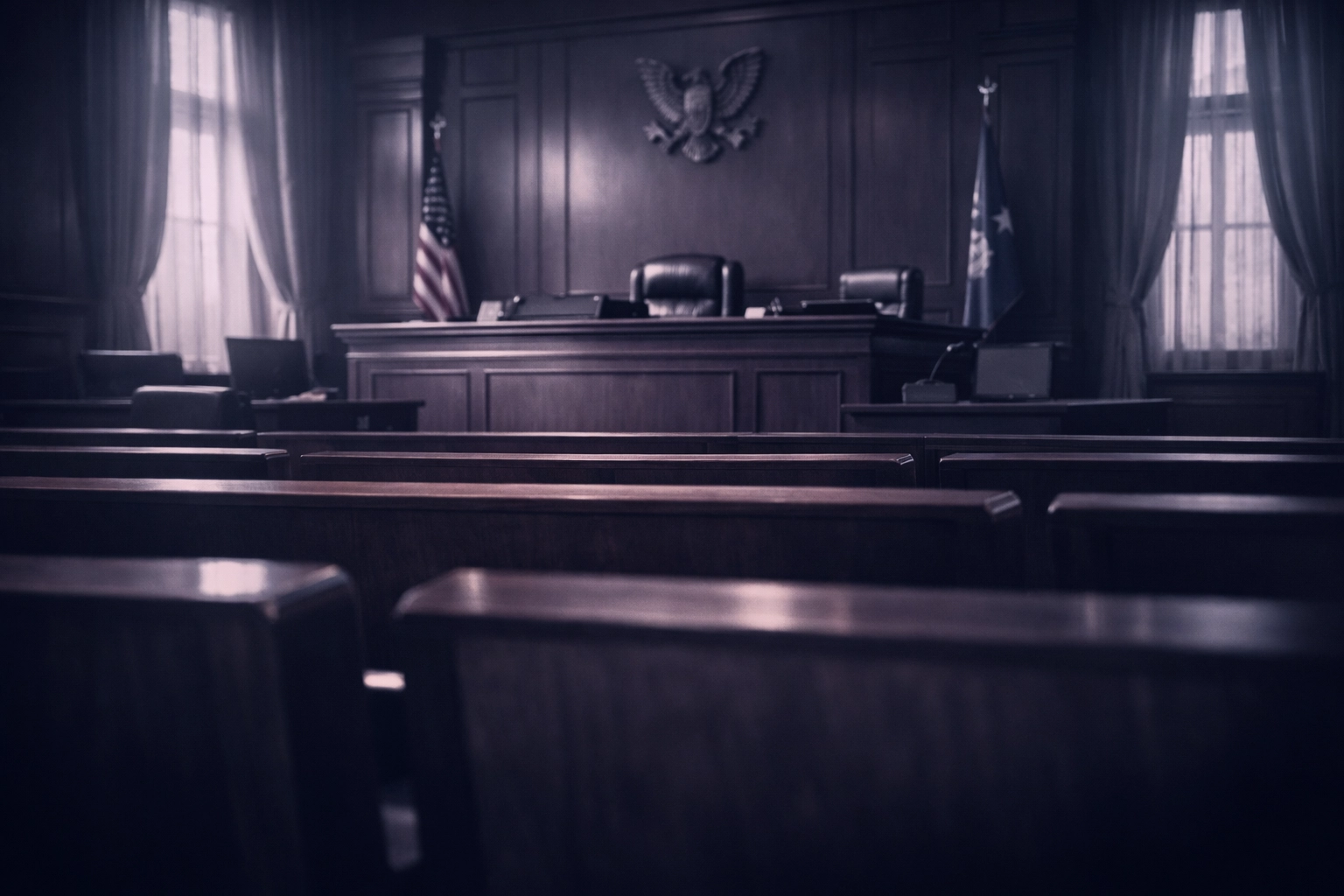 Empty Florida courtroom where arraignment hearings take place after jail release on bail