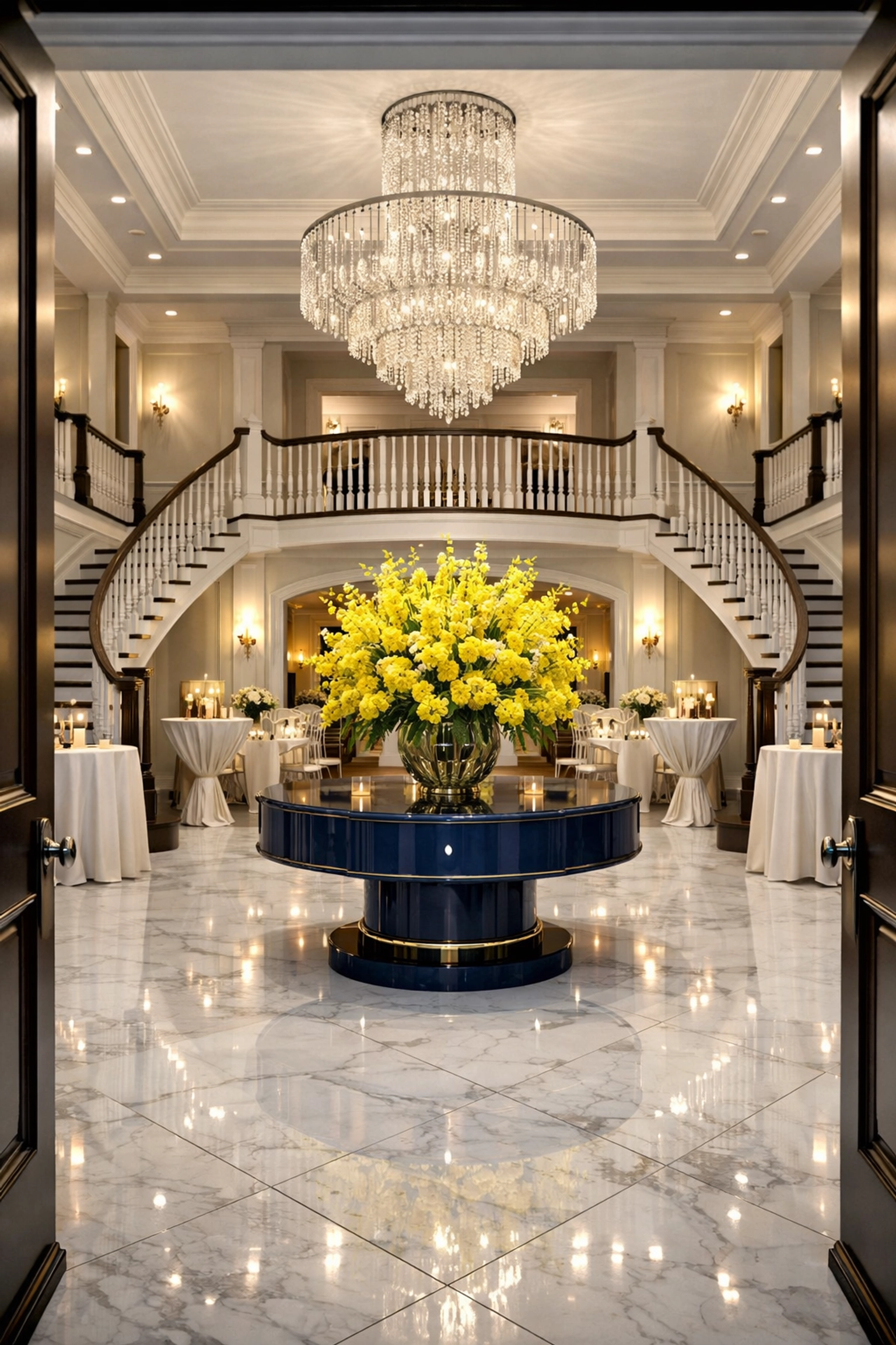 Spotless marble foyer of a Scituate mansion, prepared for guests with professional luxury residential cleaning.