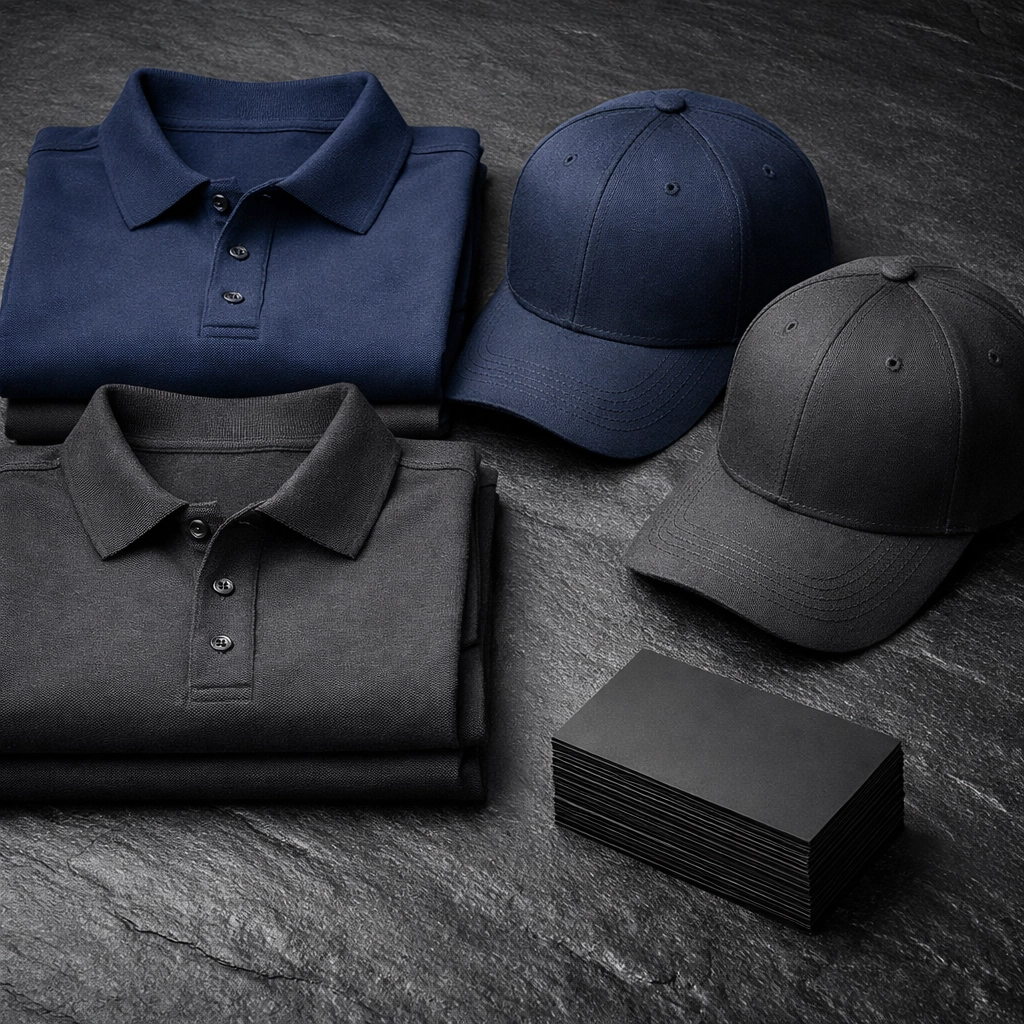 Business startup package with custom embroidered polos, hats, and professional business cards.