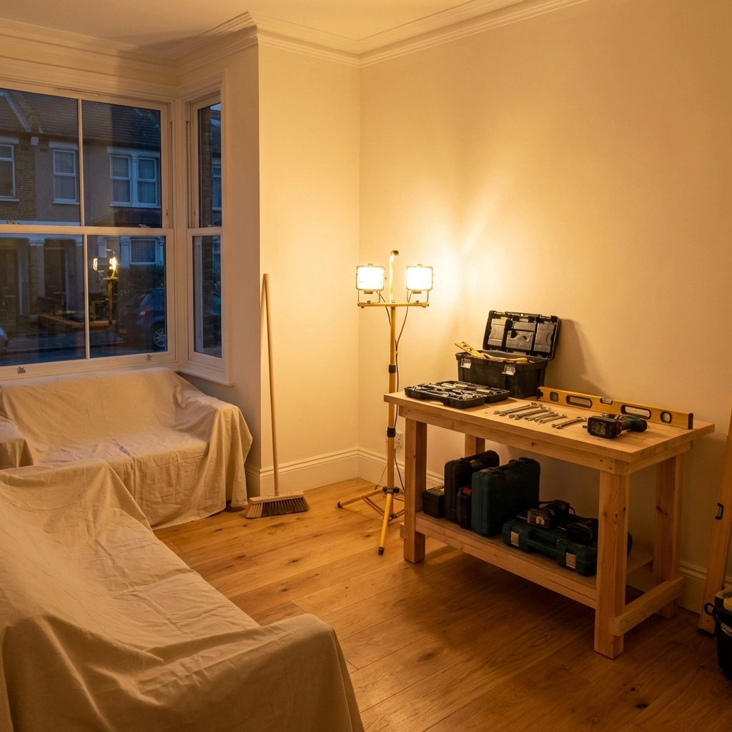Pristine and tidy construction site inside a British home demonstrating Swanbourne Construction's clean approach