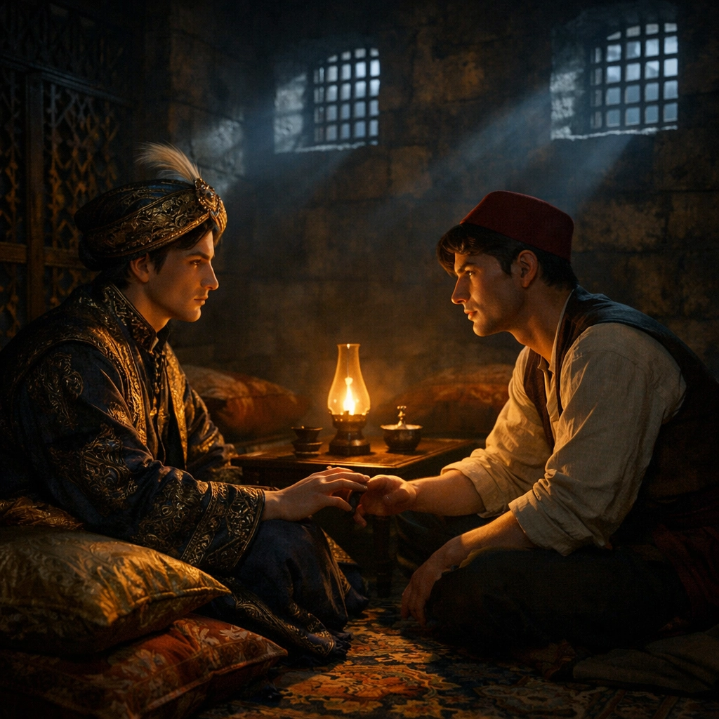 Ottoman prince and companion in moonlit kafes chamber showing forbidden emotional connection