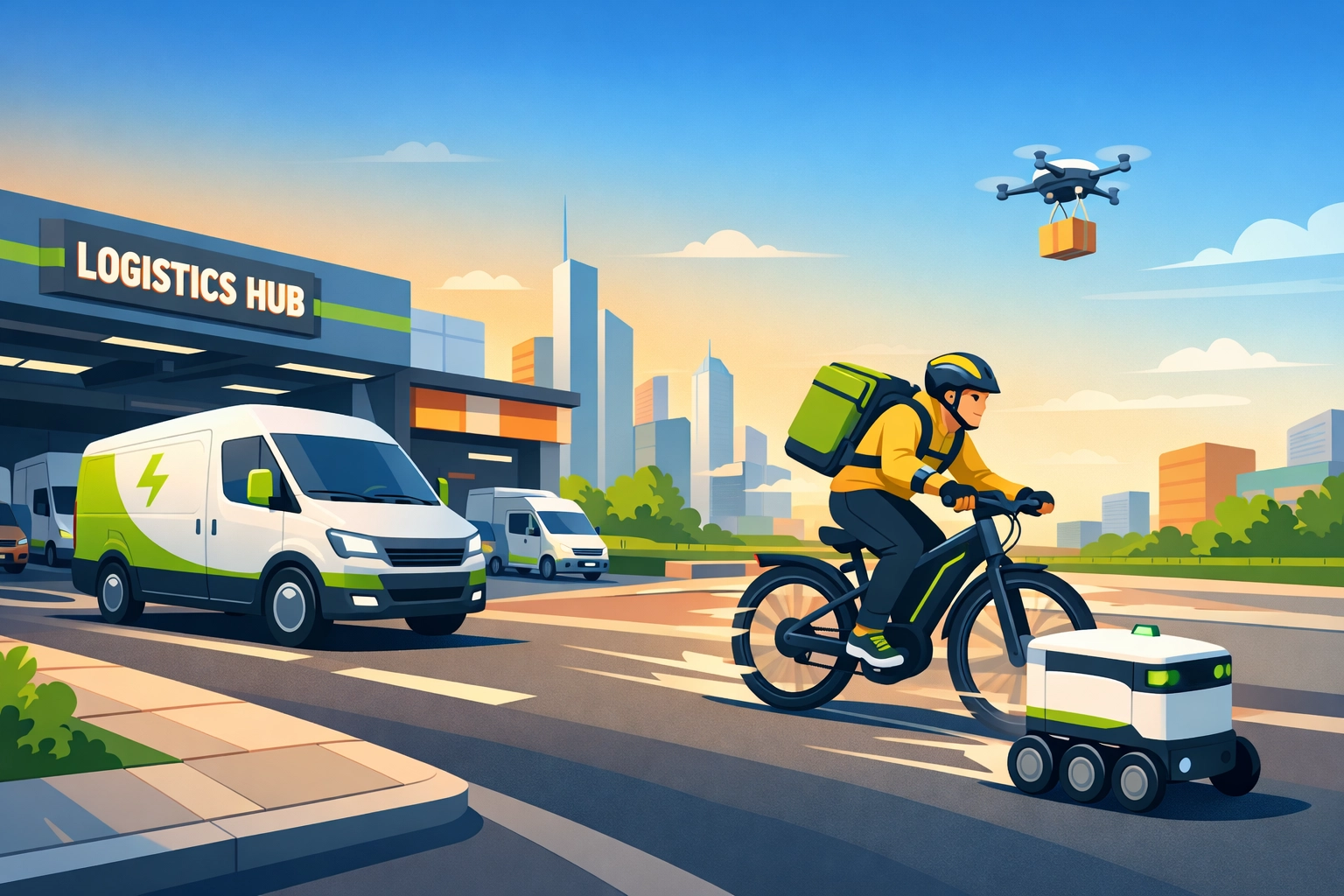 Diverse last-mile delivery fleet including electric vans and robots at a modern logistics hub.