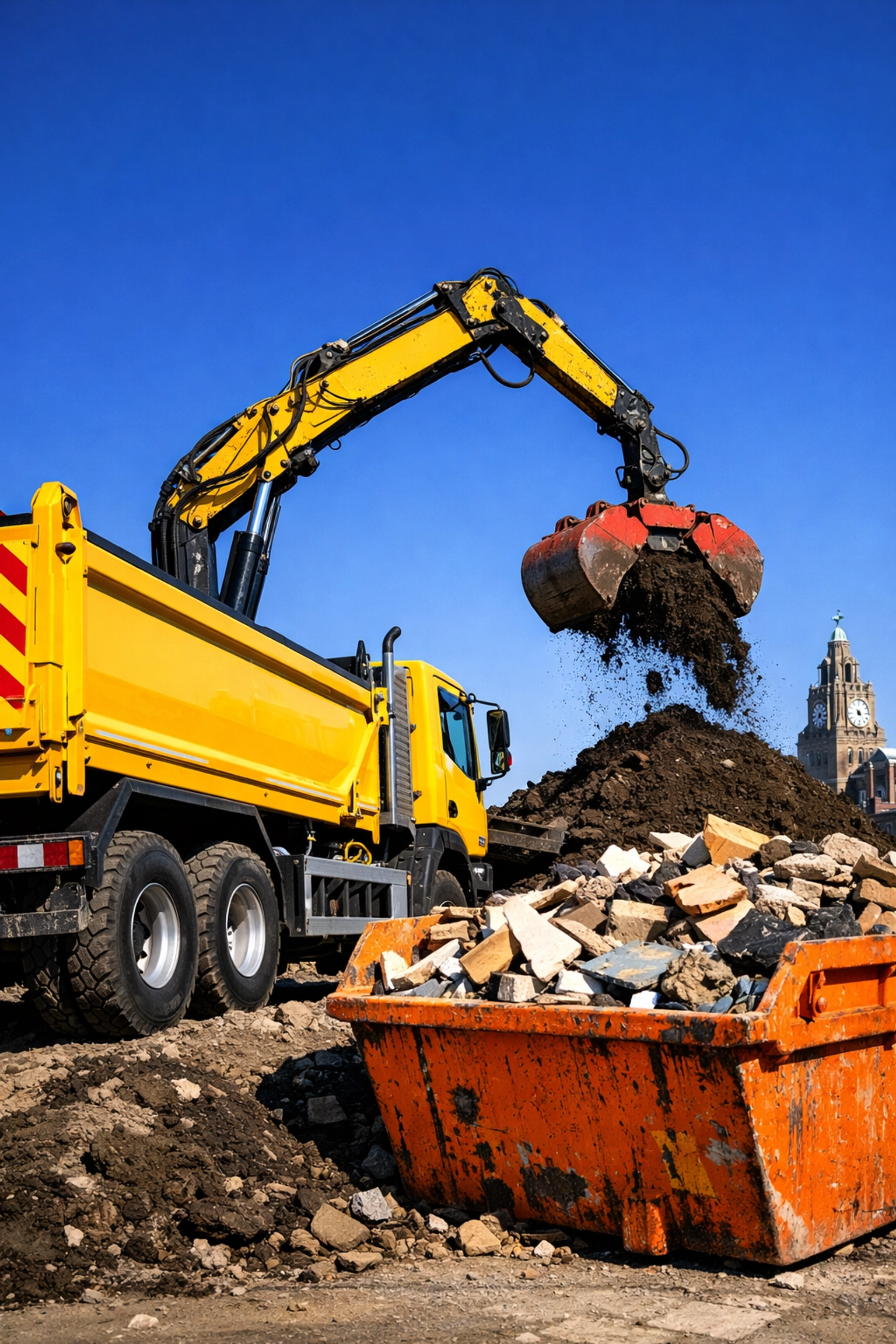Grab hire lorry and skip bin side by side at Liverpool construction site showing waste removal options