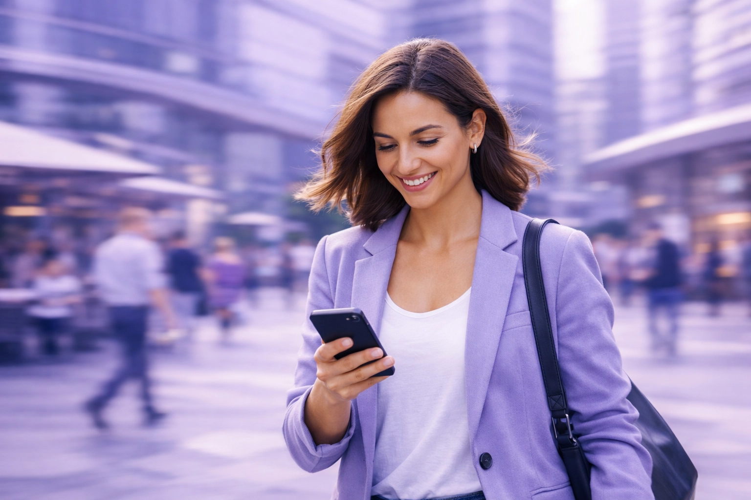 Confident person in a city using a smartphone to manage a fast online payday loan.