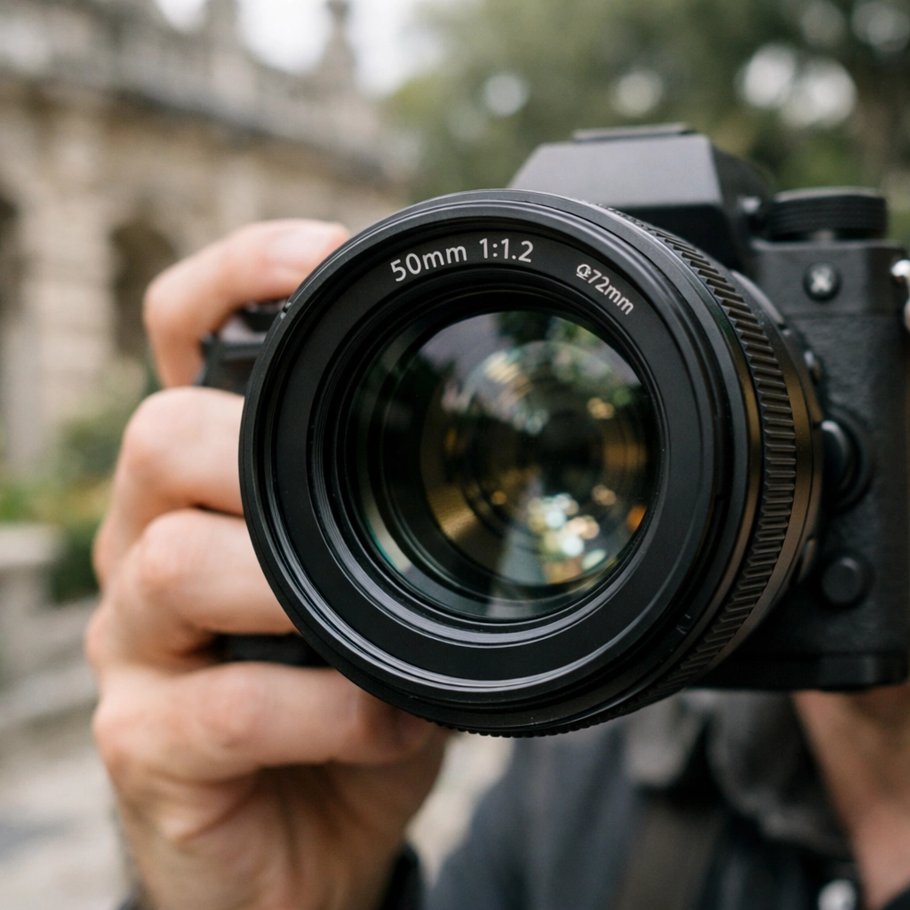 A professional camera lens at Vizcaya Museum used for creating bokeh in dreamy photography editing.