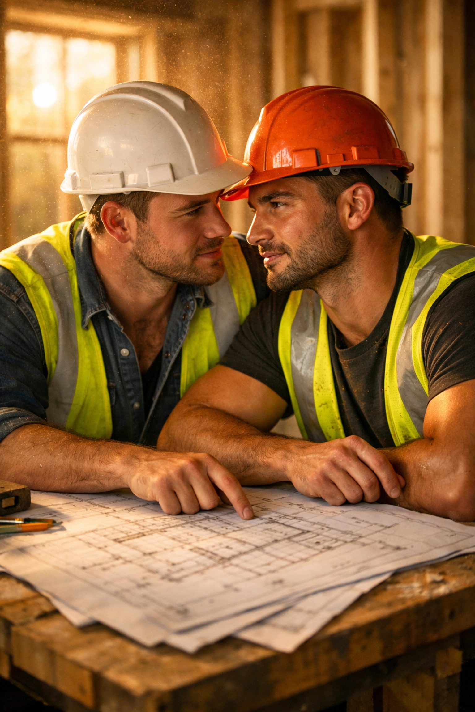 Two gay construction workers in high-vis vests sharing an intimate moment over blueprints on a sunlit site.