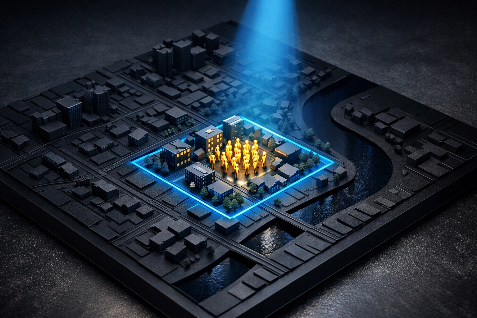 Spotlight on a specific neighborhood map representing focused niche targeting in international PPC campaigns.