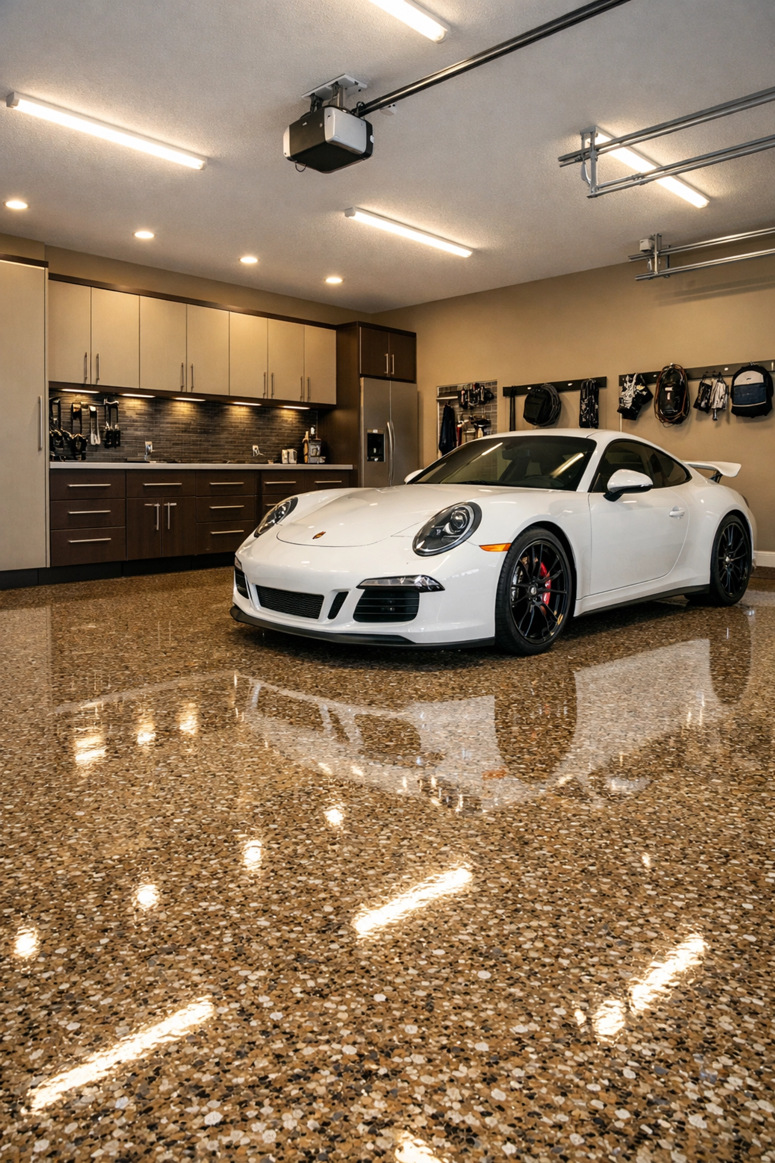 Organized Flowood garage with polyaspartic floor coating and custom storage cabinets