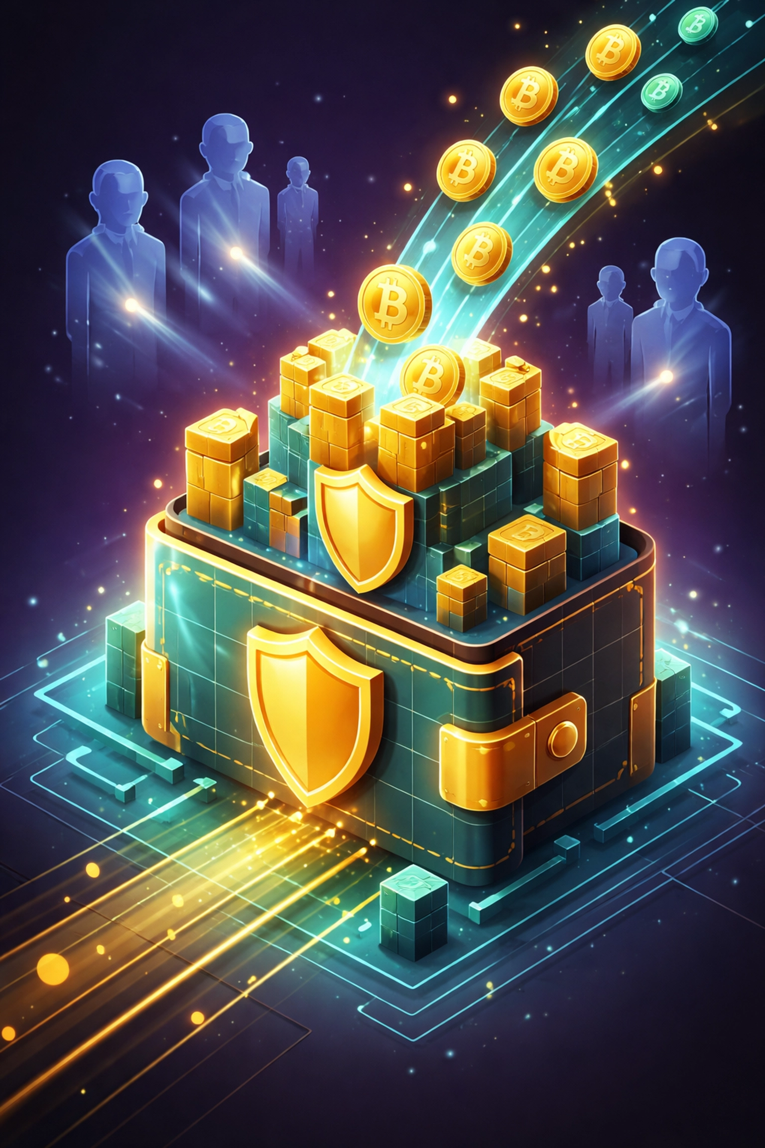 Illustration of a secure digital wallet accepting direct cryptocurrency payments, representing Larecoin self-custody benefits