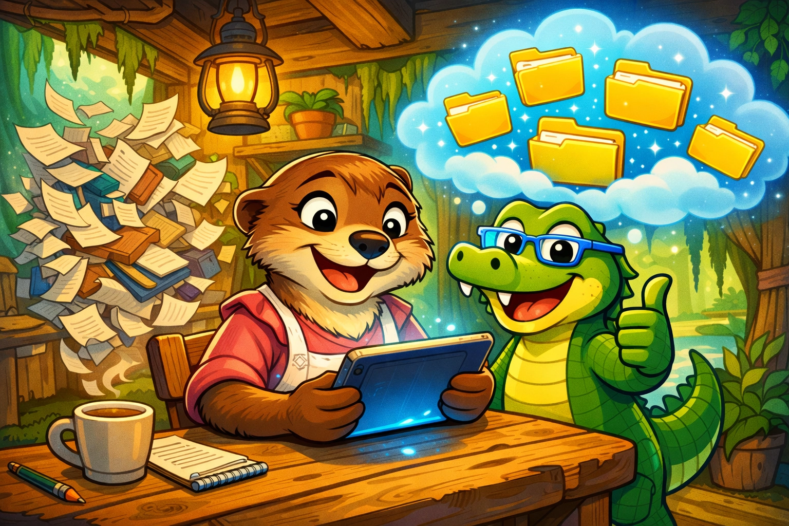 Cartoon otter using AI on a tablet to organize IEP papers and empower special education advocacy.