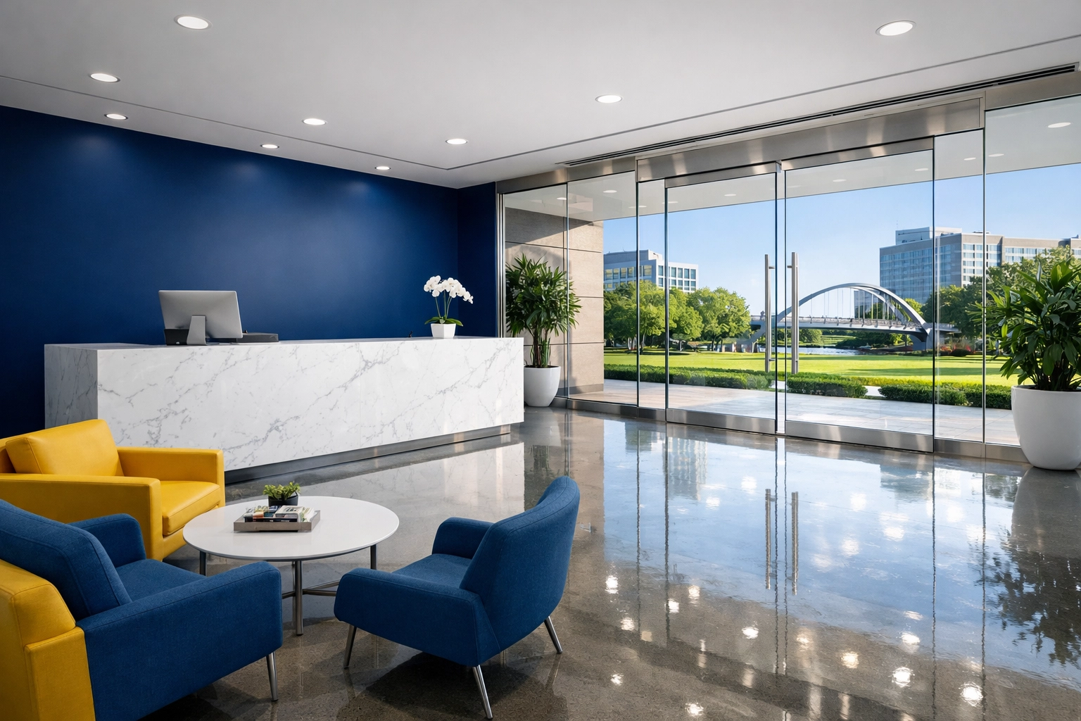 Pristine corporate reception area near Gateway Park, showcasing professional office cleaning in Worcester.