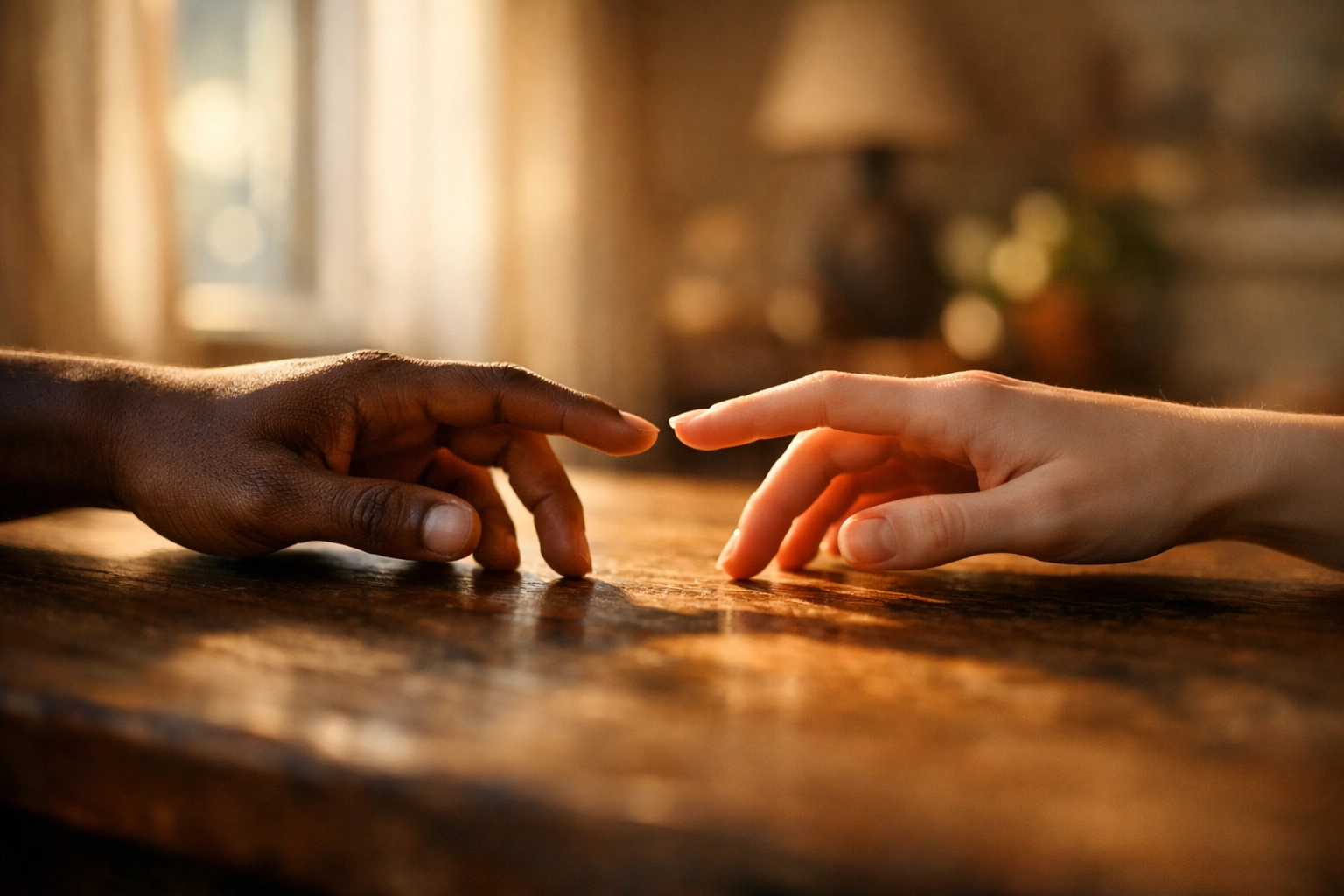 Two hands reaching across table symbolizing communication gap in marriage relationship