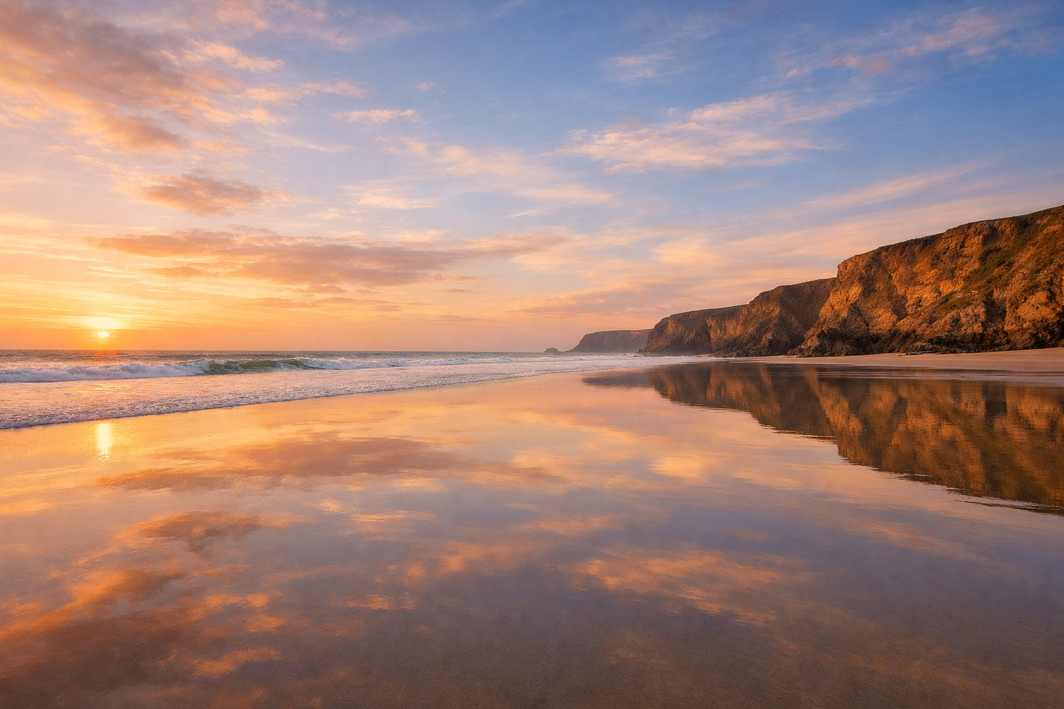 Tranquil golden hour at Watergate Bay beach, Cornwall, ideal for a serene ashes scattering memorial ceremony.