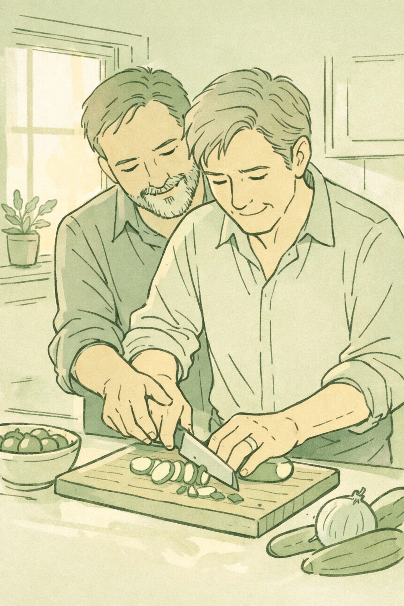 Two men learning to cook together in gay romance novel Slow Roasted Hearts