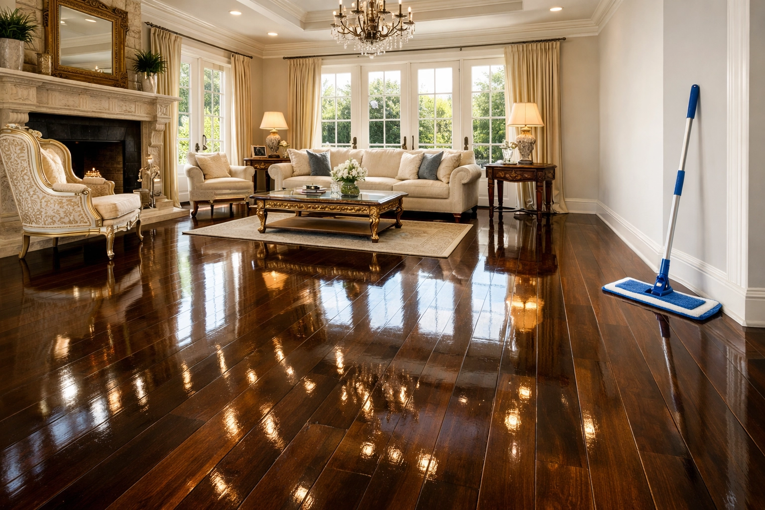 Spotless luxury hardwood floors in a Dover estate after professional residential cleaning Massachusetts service.