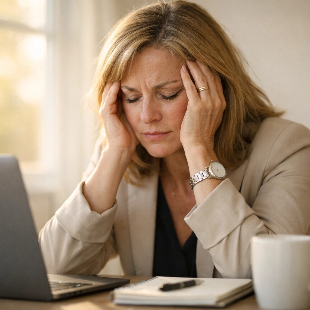 Exhausted professional woman at desk showing perimenopause fatigue symptoms Exhausted professional woman at desk showing perimenopause fatigue symptoms