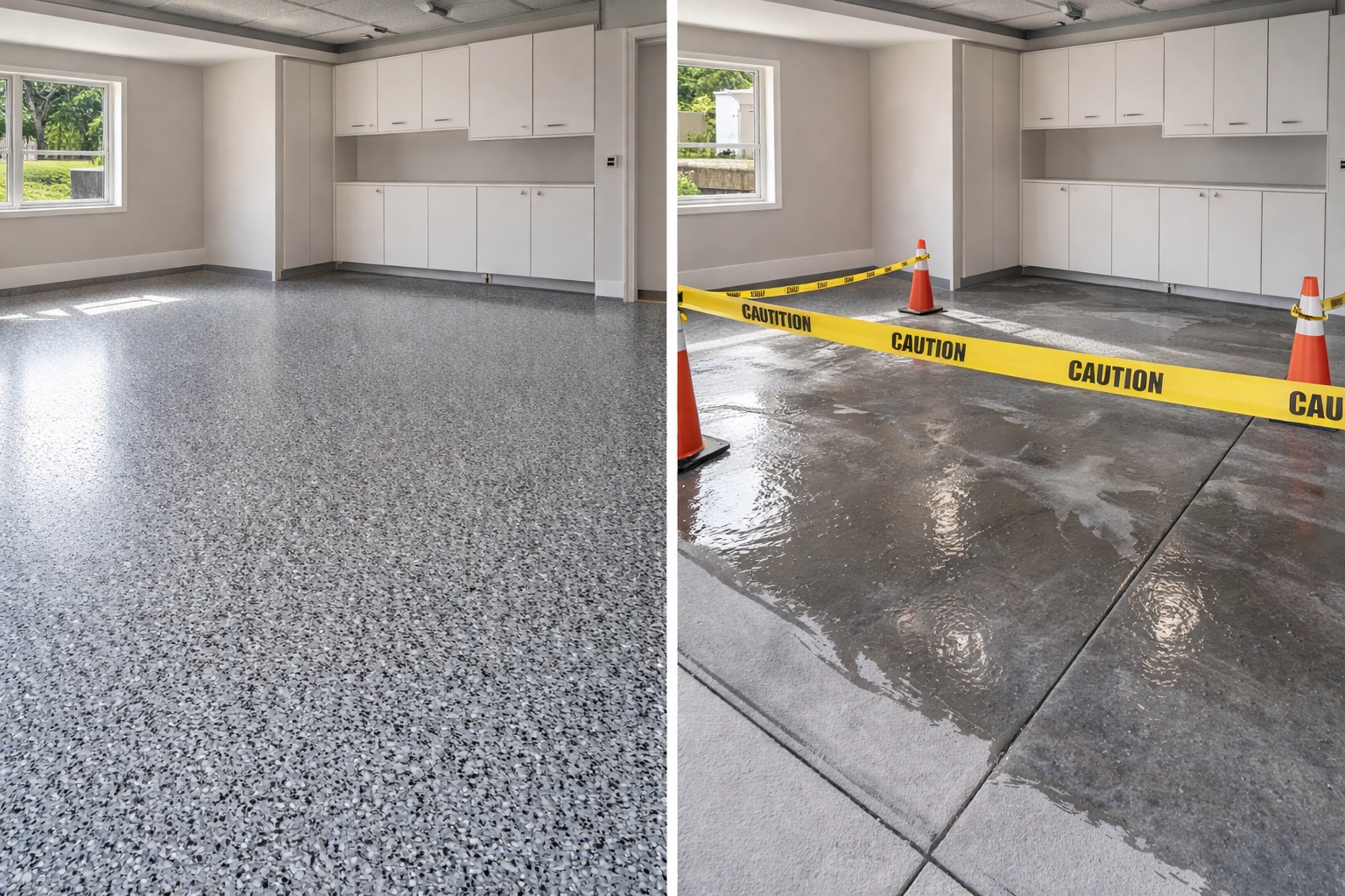 Polyaspartic vs epoxy garage floor comparison showing finished flake coating beside a wet epoxy installation