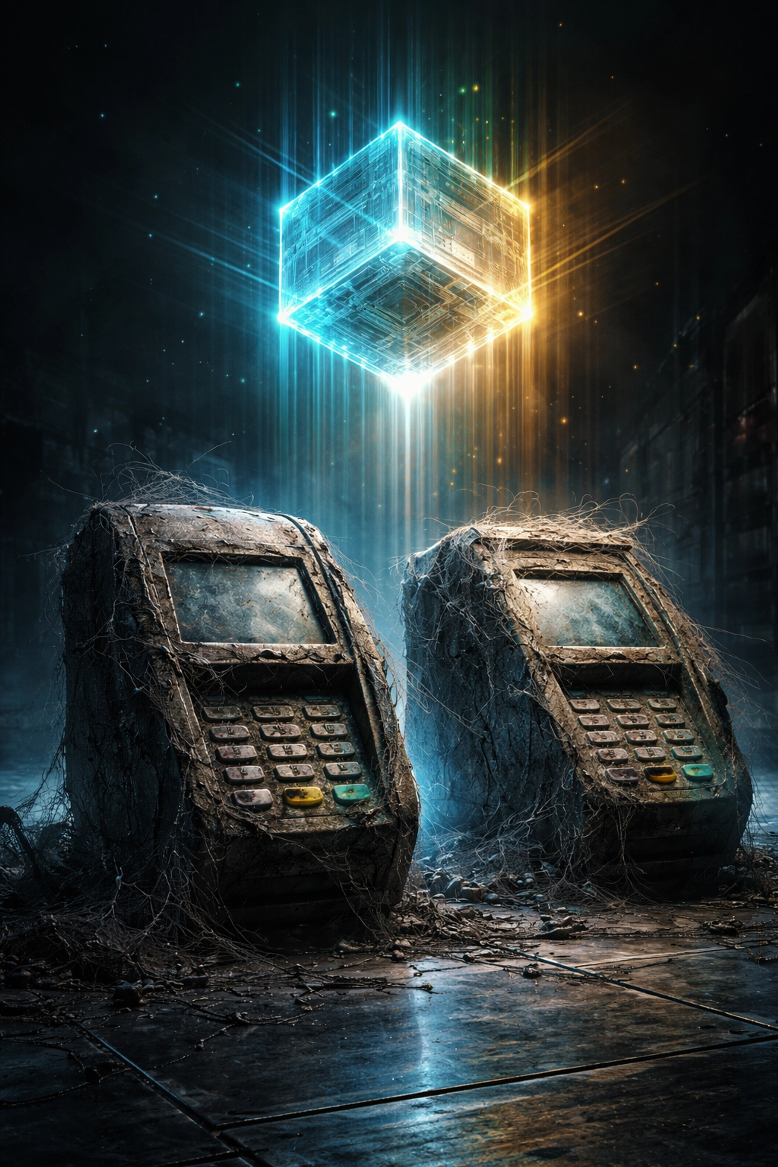 Outdated payment terminals beside a futuristic holographic solution highlighting Larecoin’s Web3 payments innovation