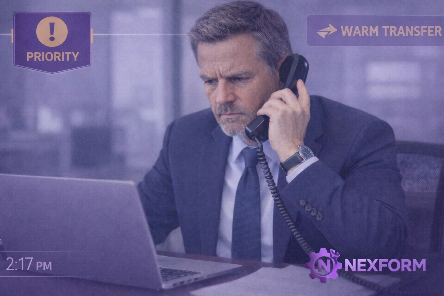 A solicitor in a high-rise office receiving an urgent case transfer from an intelligent AI voice agent.