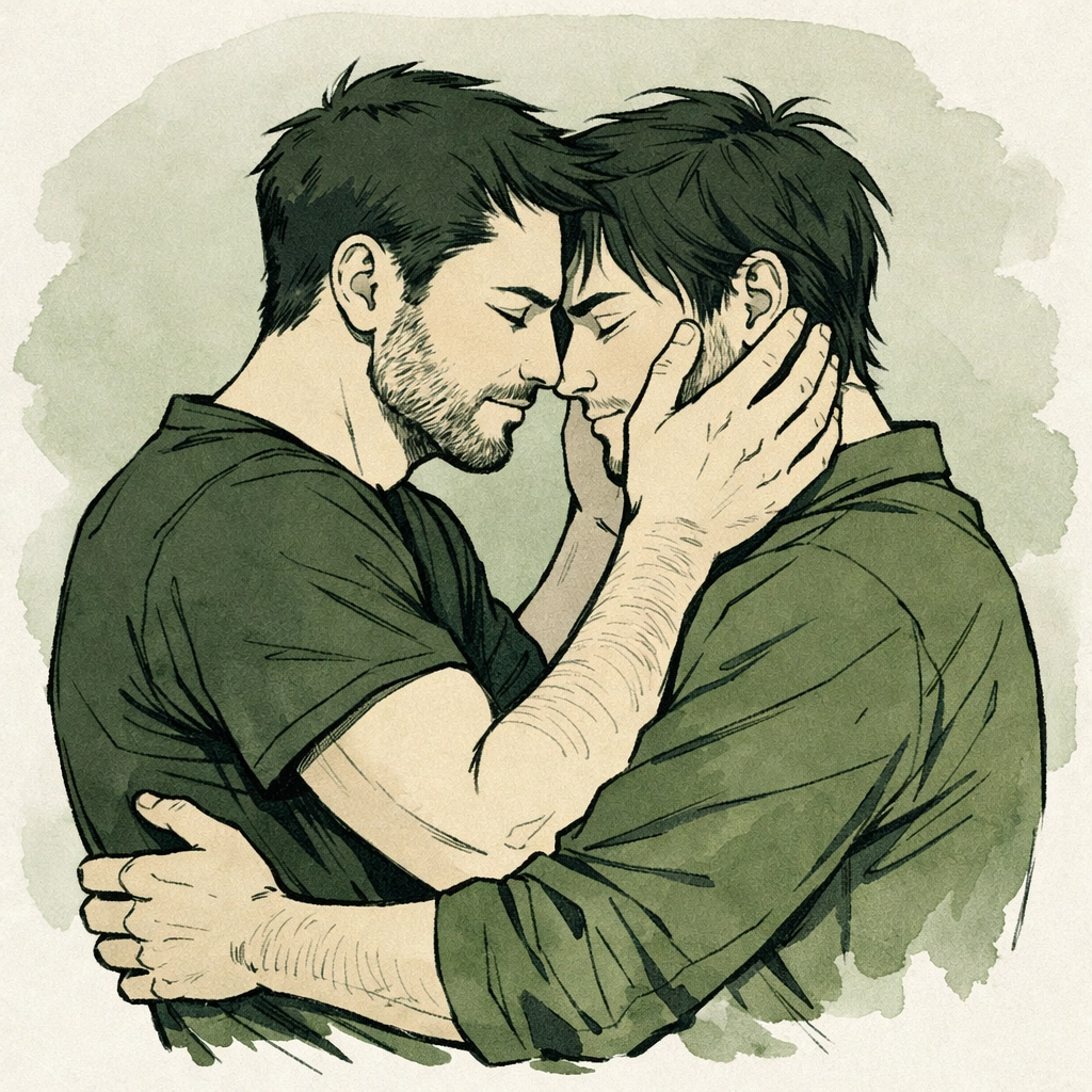 Emotional scene of two men embracing, reflecting the vulnerability found in heartfelt gay fiction.