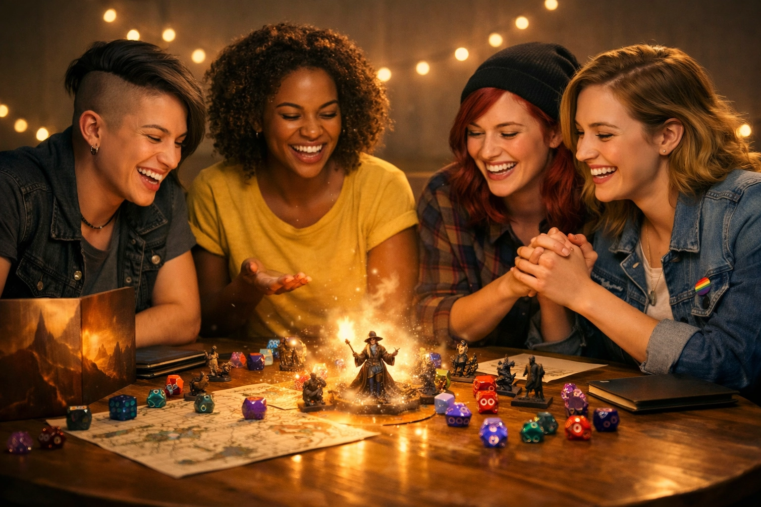 Diverse LGBTQ+ friends playing Dungeons & Dragons, building community and found family through tabletop gaming.