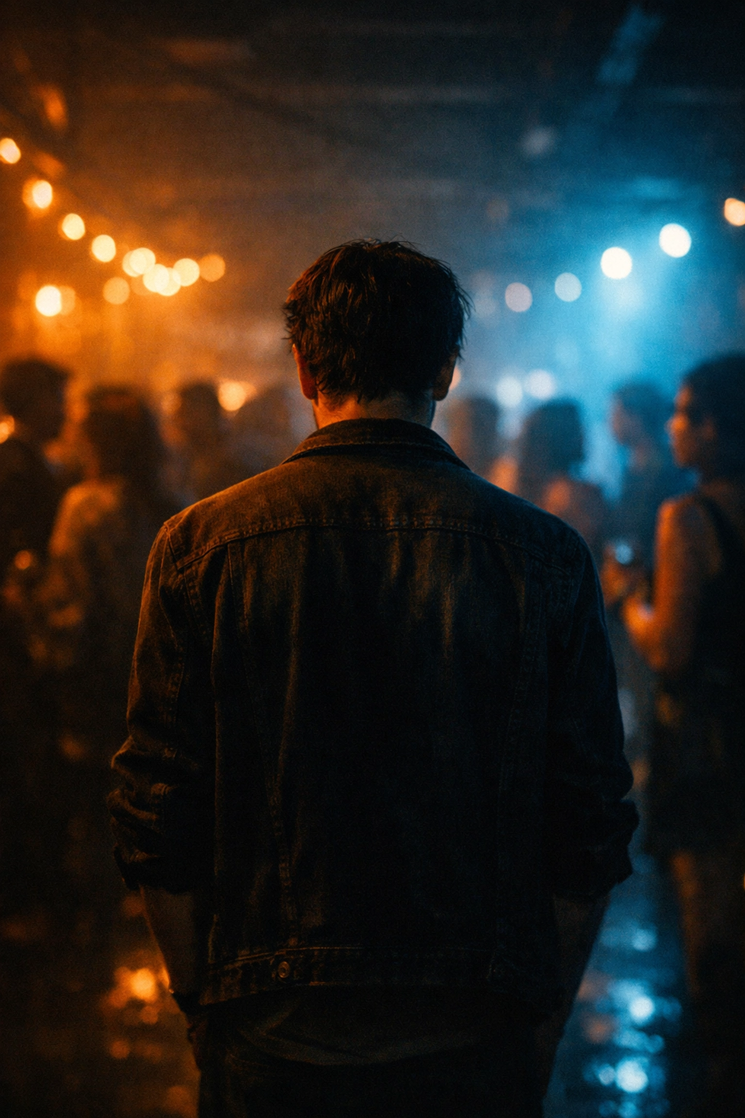 Person standing alone at party feeling isolated while performing social persona