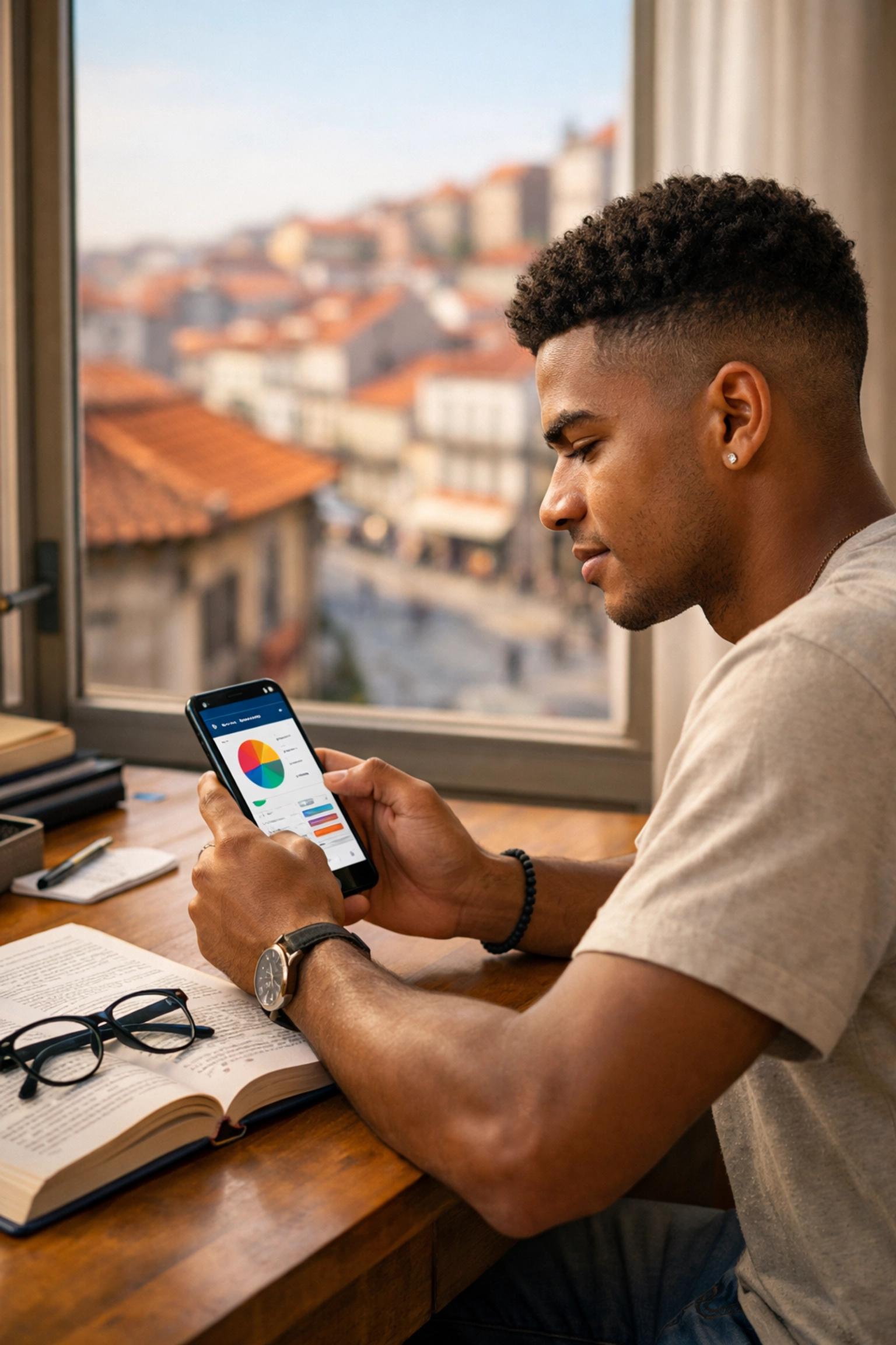 Estudante cabo-verdiano em Portugal a gerir finanças e estudos para garantir sucesso académico.