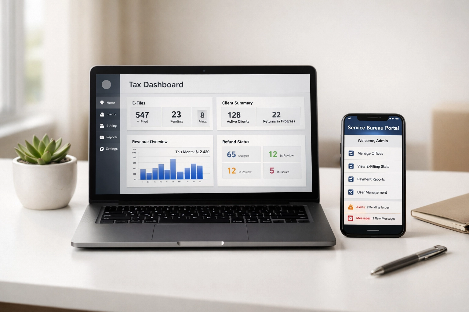ERO tax professional using service bureau portal and tax software on modern office desk