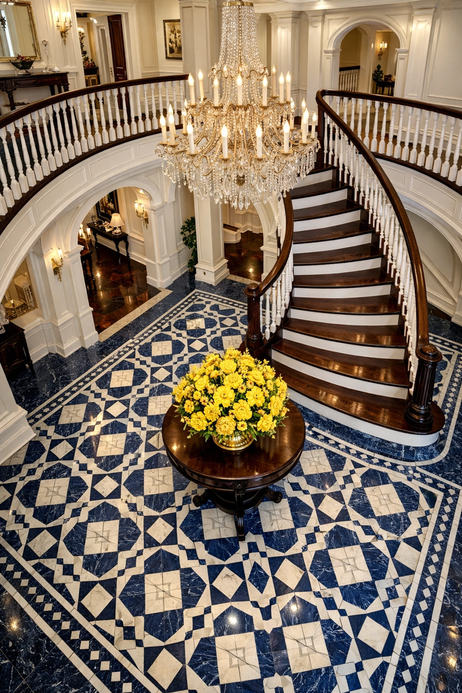 A grand Dover mansion foyer with polished floors, reflecting the excellence of luxury residential cleaning Massachusetts.